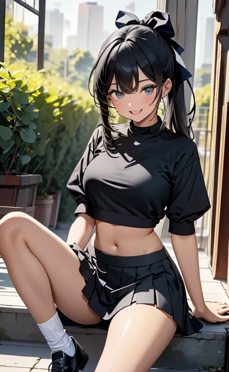 ((masterpiece、top-quality:1.5、a high chroma:1.5、ultra-detailliert、high-resolution illustrations:1.5、Ultra-high-definition CG、8k size wallpaper、offcial art))、(cowboy shot)、(1girl),Open mouth happy smile,cute face,
,(sit、sopen legs a little:1.3),
,(sexy body),(crop top,mini skirt),(long black hair), (large breasts)、
(hair ribbon)、JK