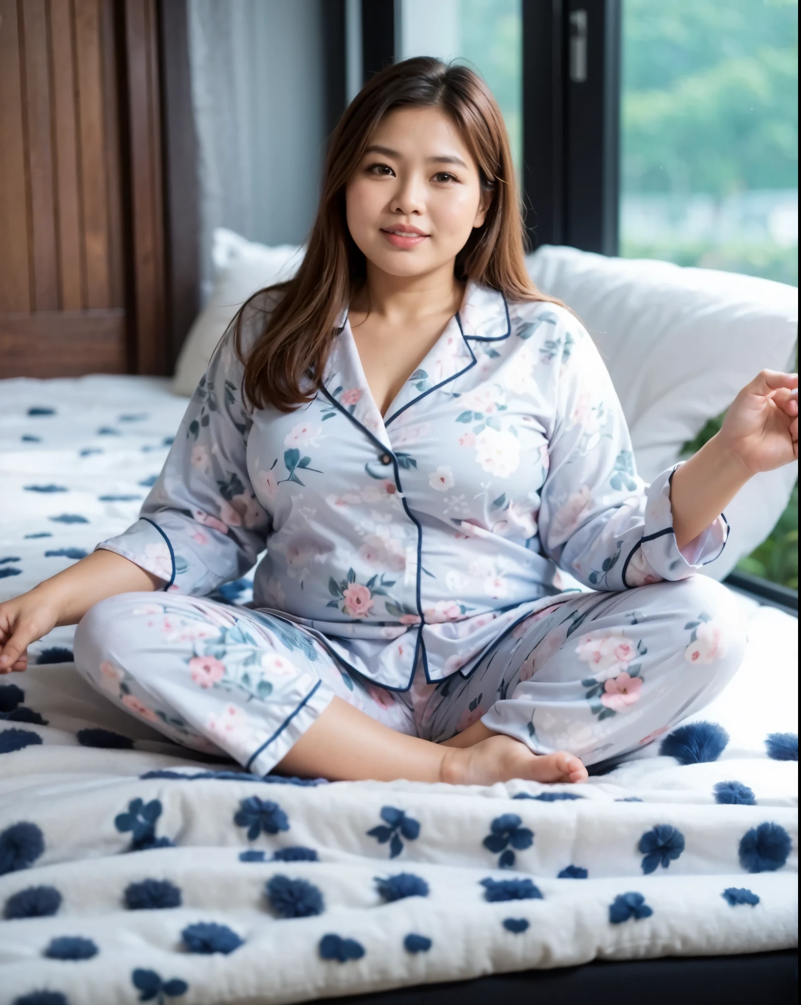 40 year old Indonesian woman, size plus woman, plump woman, wearing pink floral patterned pajamas, sitting cross-legged, on a white hotel bed, hair straight,