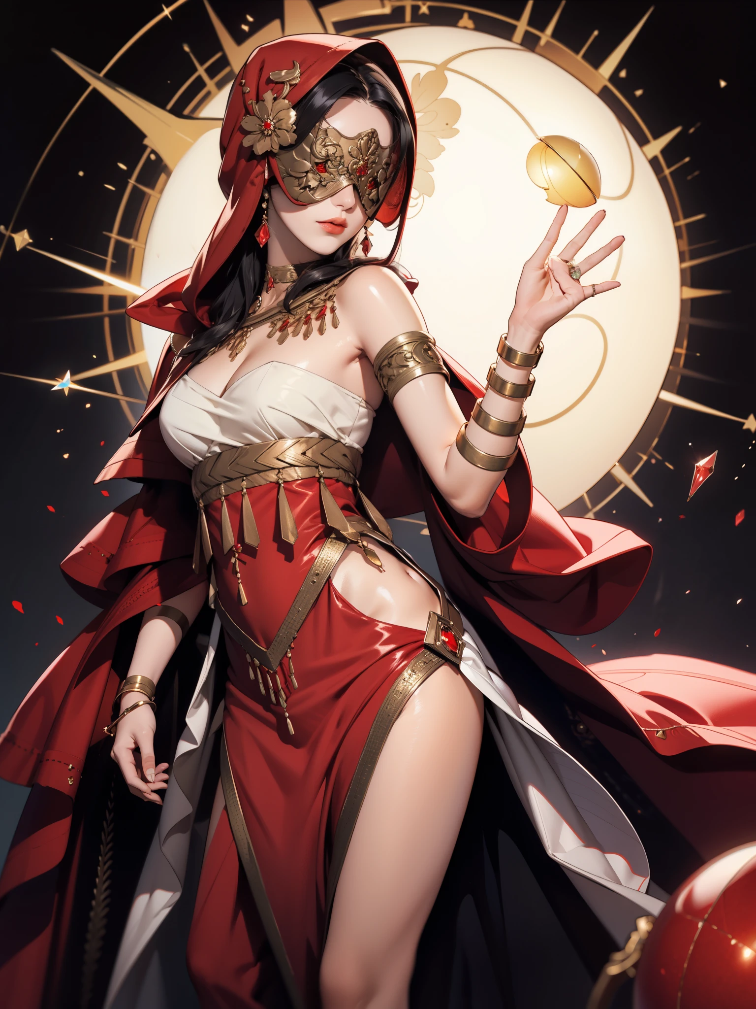 realistic:1.4, hood up:1.2, black hair, covered eyes, long hair, hair over shoulder, robe, blind mask, red danceroutfit, red clothes, crystal ball, sphere, cape, cleavage, 1girl, solo, (masterpiece:1.6, best quality),
