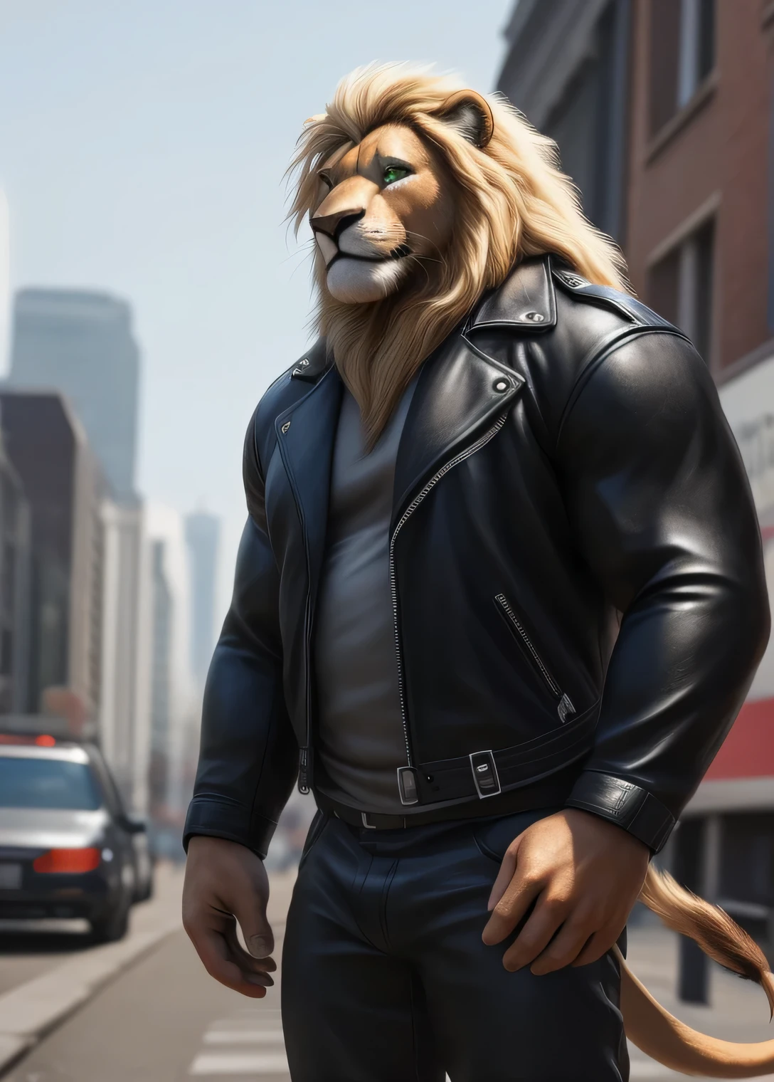 Lion, male, adult, long blond mane, brown beard along the jaw, green eyes, detailed eyes, detailed face, very muscular body, large pectorals, large biceps, broad shoulders, biker, biker clothing, open jacket, tight pants, on a motorcycle, in the background of the street, looking at the viewer (intricate, high detail, film photography, soft focus, RAW candid cinema, photorealism, realistic, photorealistic, analog style, subsurface scattering, masterpiece, best quality, ultra realistic, 8k)