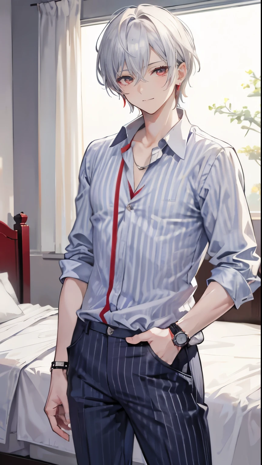High resolution, 2D anime style,,cool men,red eyes,beautiful eyes,beautiful face,short hair,silver hair,Striped pajamas,I'm wearing long pants,Beautiful watch,beautiful earrings,he is smiling a little.Standing in the bedroom.