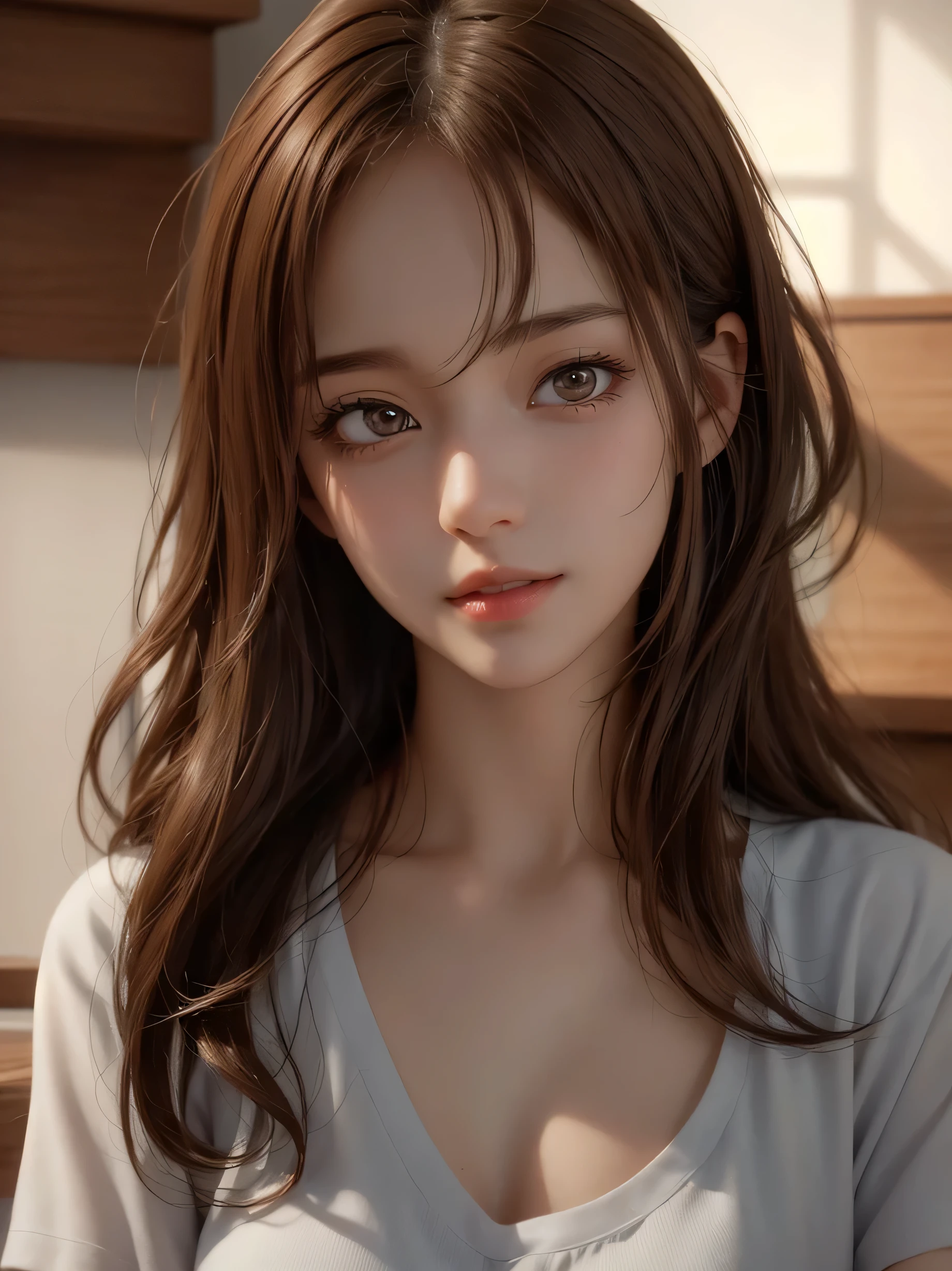 Close up portrait of a woman with brown hair and brown shirt。, cute realistic portrait, Realistic anime 3d style, Photorealistic anime girl rendering, realistic 3d animation, realistic art style, 8K portrait rendering, realistic cute girl drawing, realistic art style, Smooth anime CG art, anime realism style, realistic beautiful face, realistic young anime girl