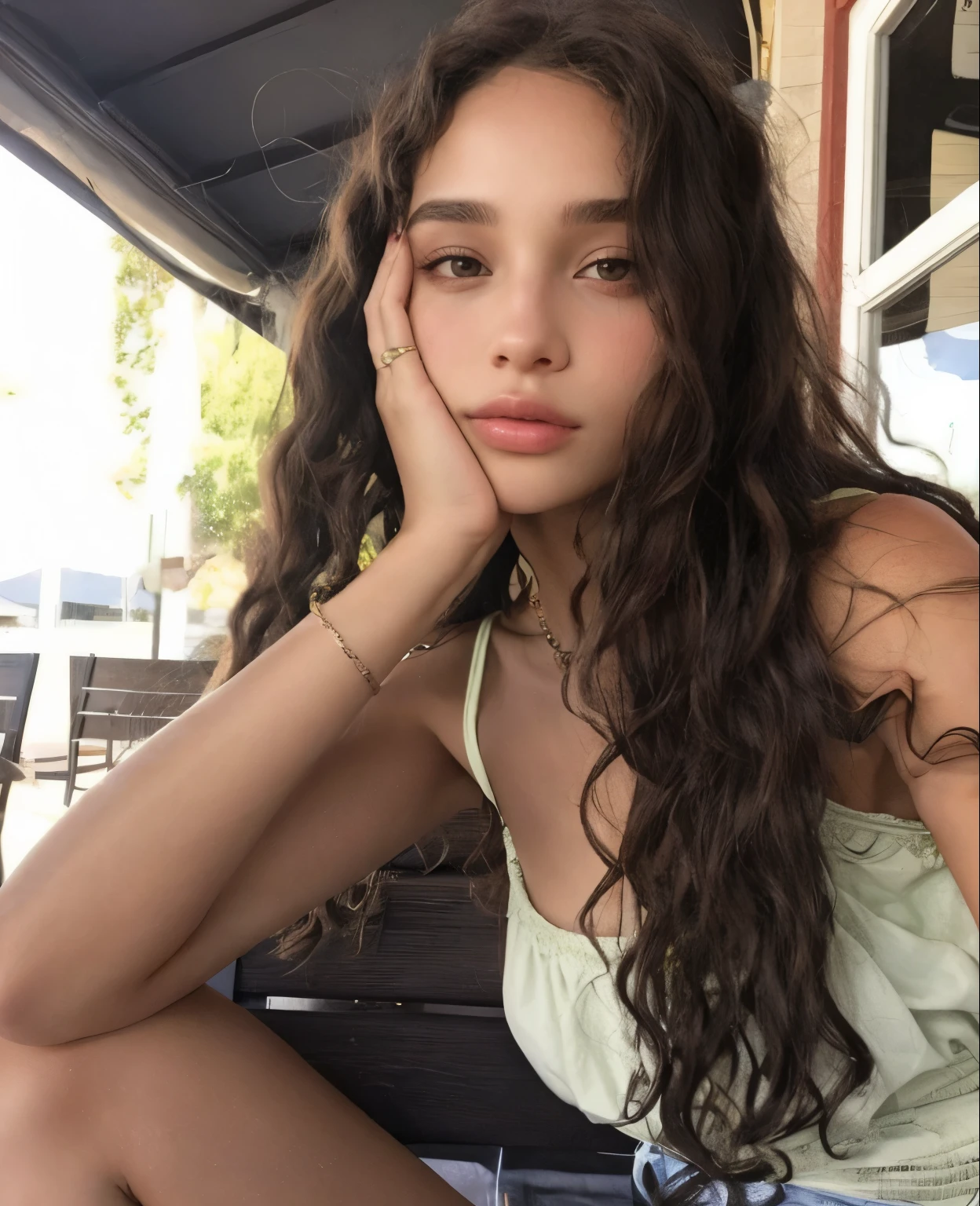Photo taken with the iPhone 13 camera. At a nighttime party, wearing a dress, serious face. Maximum quality with environmental details, spores. Mediterranean Caucasian girl with black eyes, long and curly hair, fair skin, 25-year-old adult with wide hips. Caucasian gamer girl with long and curly hair.