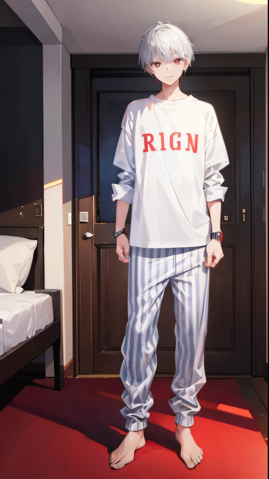 High resolution, 2D anime style,,cool men,red eyes,beautiful eyes,beautiful face,short hair,silver hair,Striped pajamas,I&#39;m wearing long pants,Beautiful watch,beautiful earrings,he is smiling a little.Standing in the bedroom.