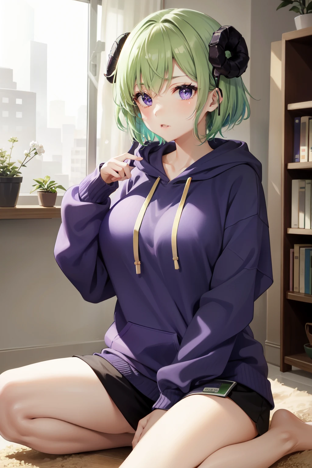 high quality、high resolution、green hair、purple eyes、sheep horn、big breasts、Tie it up、duck sitting、indoor、I'm playing a game、big hoodie、purple hoodie、The viewpoint is the viewer、front、plump lips、I can see my shoulders、big clothes、short hair