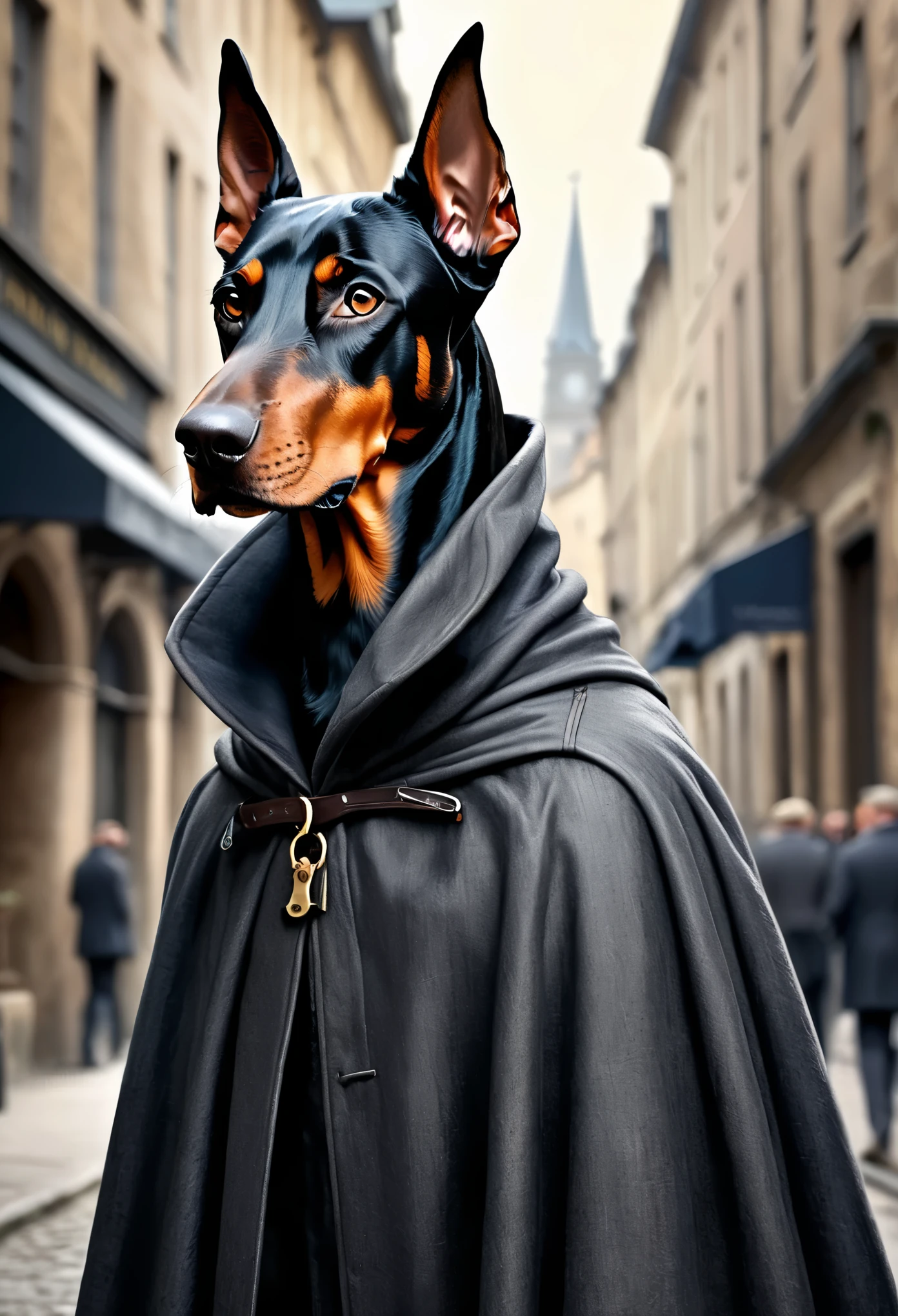 Color ink pen hand drawing, vector graphics design, (best quality, masterpiece:1.2), side view, anthropomorphic, a tall Doberman dog with short hair wearing english cap & long cloak, detective, like a Sherlock Holmes style, noire, simple lines, looking to camera, serteuse look, (natural textile texture, hyperrealism, soft light, sharp:1.2), (intricate details:1.1), hdr, bokeh