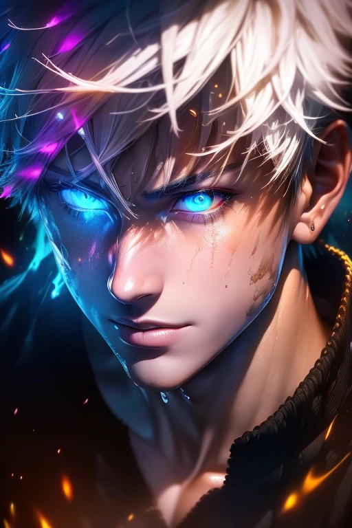 masterpiece, best quality, (extremely detailed CG unity 8k wallpaper, masterpiece, best quality, ultra-detailed, best shadow), (detailed background), (beautiful detailed face, beautiful detailed eyes), High contrast, (best illumination, an extremely delicate and beautiful),1girl,((colourful paint splashes on transparent background, dulux,)), ((caustic)), dynamic angle,beautiful detailed glow,full body, paint splash on face. , realistic anime 3 d style, seductive anime boy, anime realism style, attractive anime boy,beautiful alluring anime men, looking gojo satoru , ((gojo satoru)) gojo satoru of Jujutsu Kaisen, whole body