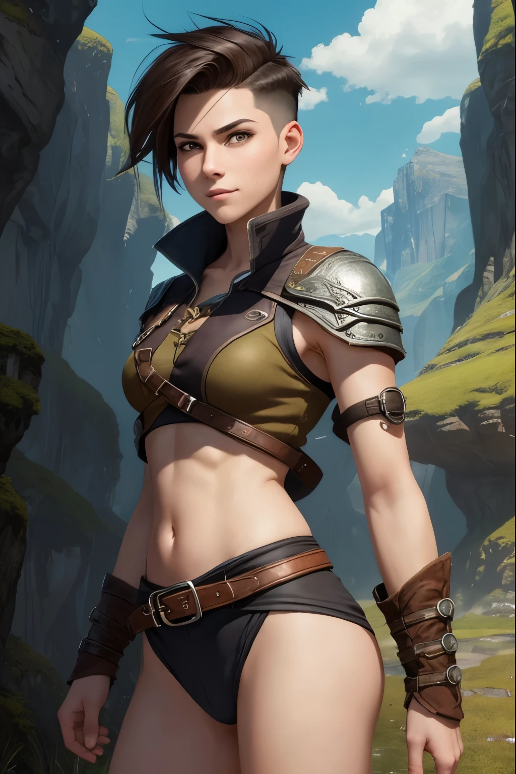 A happy young woman with an undercut in a fantasy setting. An adventurer and a rogue. Very androgynous looking. In a good mood. Sympathic. Tomboyish. Androgynous. Slim body. Very . Very small breasts. Wide hips. Thick legs. Face: Extremly pale skin with liverspots and freckles. Soft narrow face with a round chin. Soft small jaw. Big forehead. Very thin barely visible eyebrows. Upturned big dark-brown eyes. Dark-brown eyecolour. Very long and wide nose. Big curved lips. Very short dark-brown hair. A boyish short haircut. Undercut. Sides shaved. A tight fantasy outfit of a lonley adventurer and rogue with a tank top. Background: Bright open wide green plains and a blue sky.