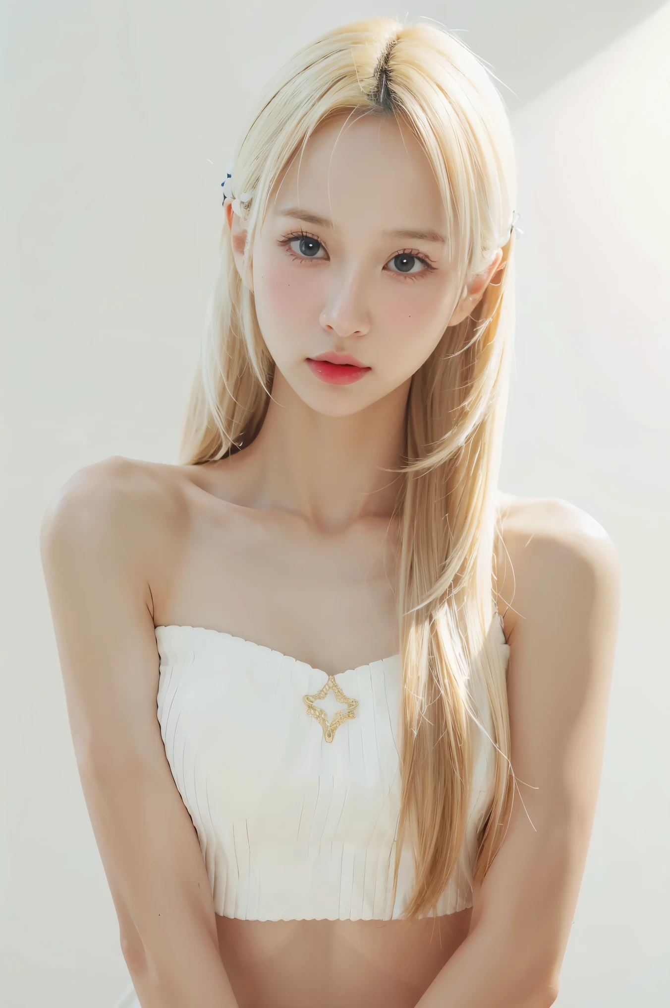 1girl, long hair, White top, (white background:1.2), from front, standing, (soft lighting:1.2), shot on Canon EOS 5D, BREAK
(upper body:1.2), , best quality, ultra high res, (photorealistic:1.4), masterpiece, real-life skin, hyper real, perspective, detailed beautiful eyes and detailed face,