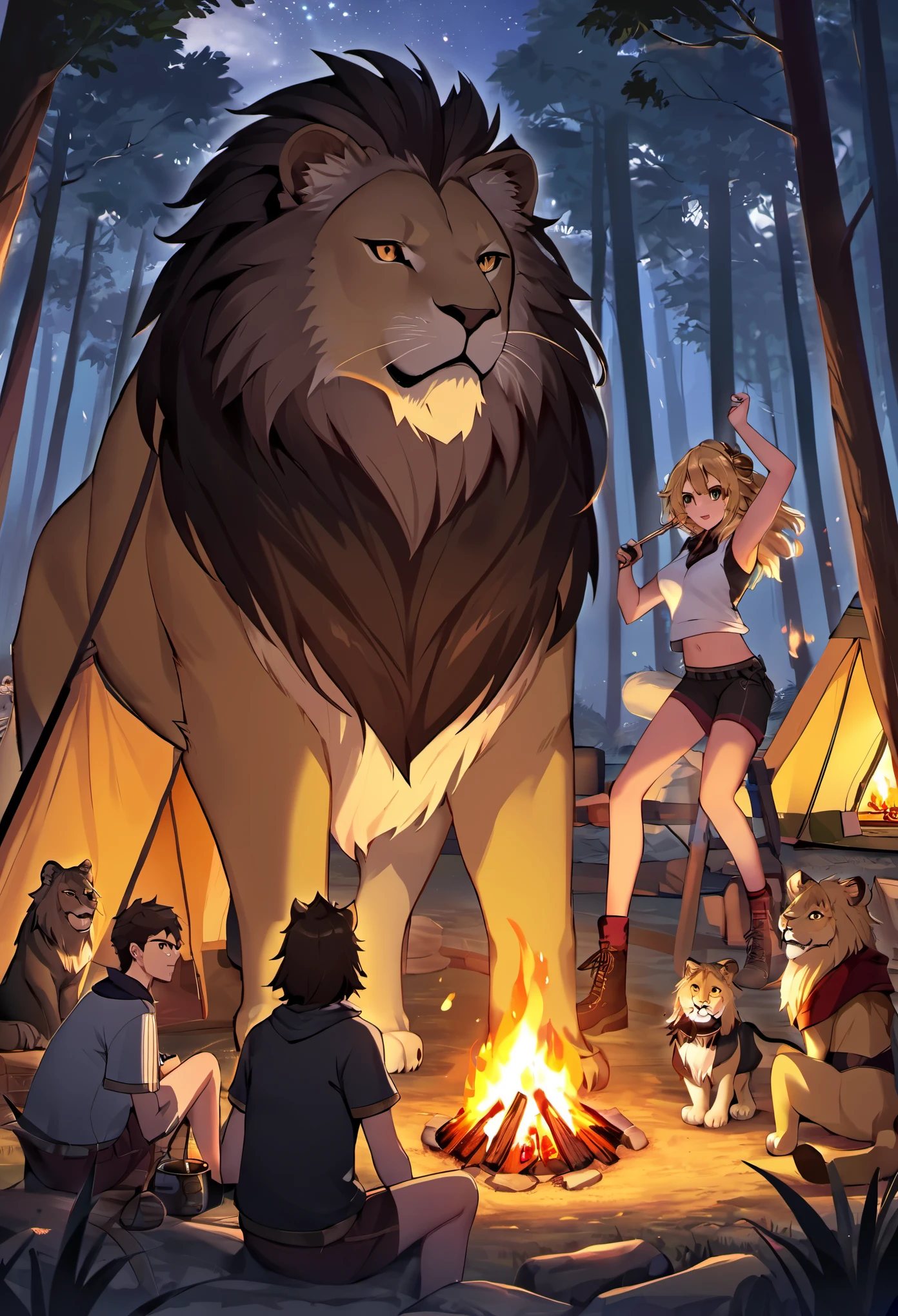 A campfire with a towering lion, musculoso e feroz, com uma juba detalhada e olhos penetrantes se destacando ao fundo