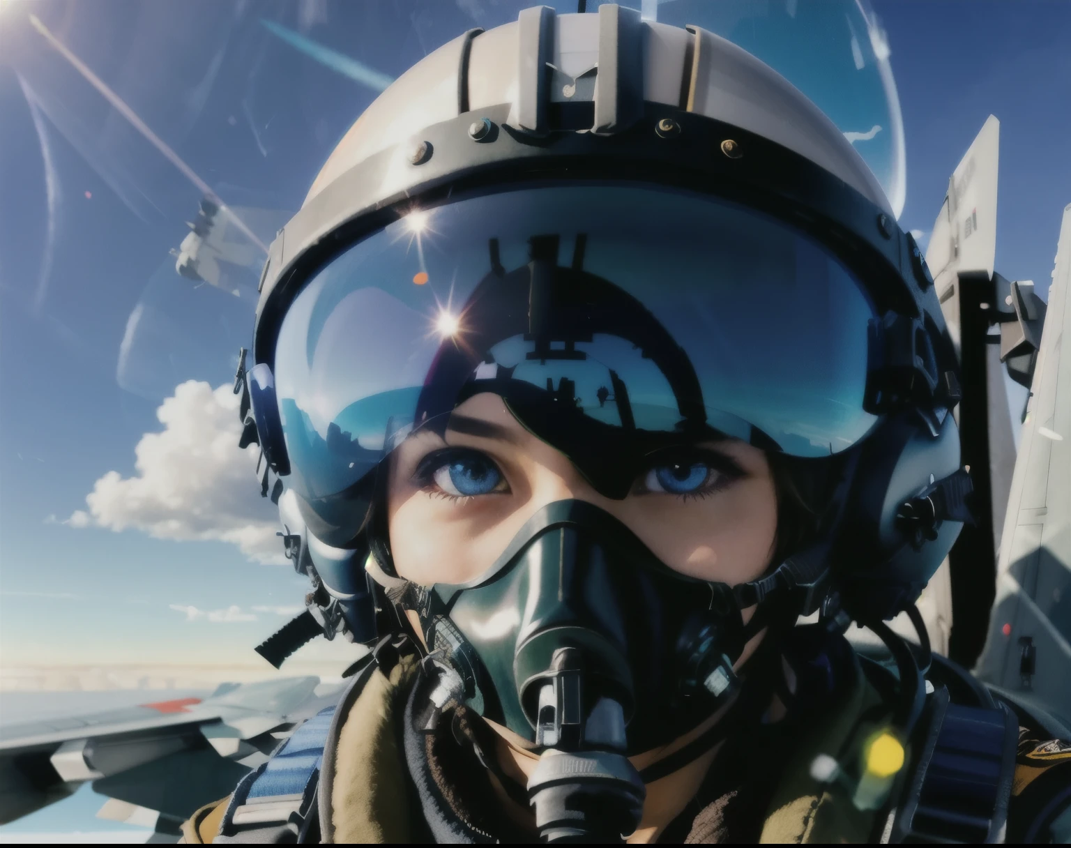 highest quality,masterpiece,very detailed,Super detailed, 1 girl, pilot pov, pilot, army, Helmet, cockpit, SF,blue sky, fighter jet, ,medium shot,micro shorts, pilot mask, very fine eyes, great details full face, mouth, Trending with ArtStation, pixiv, CG Society, very detailedアンリアル エンジン 4k 8k ウルトラ HD,