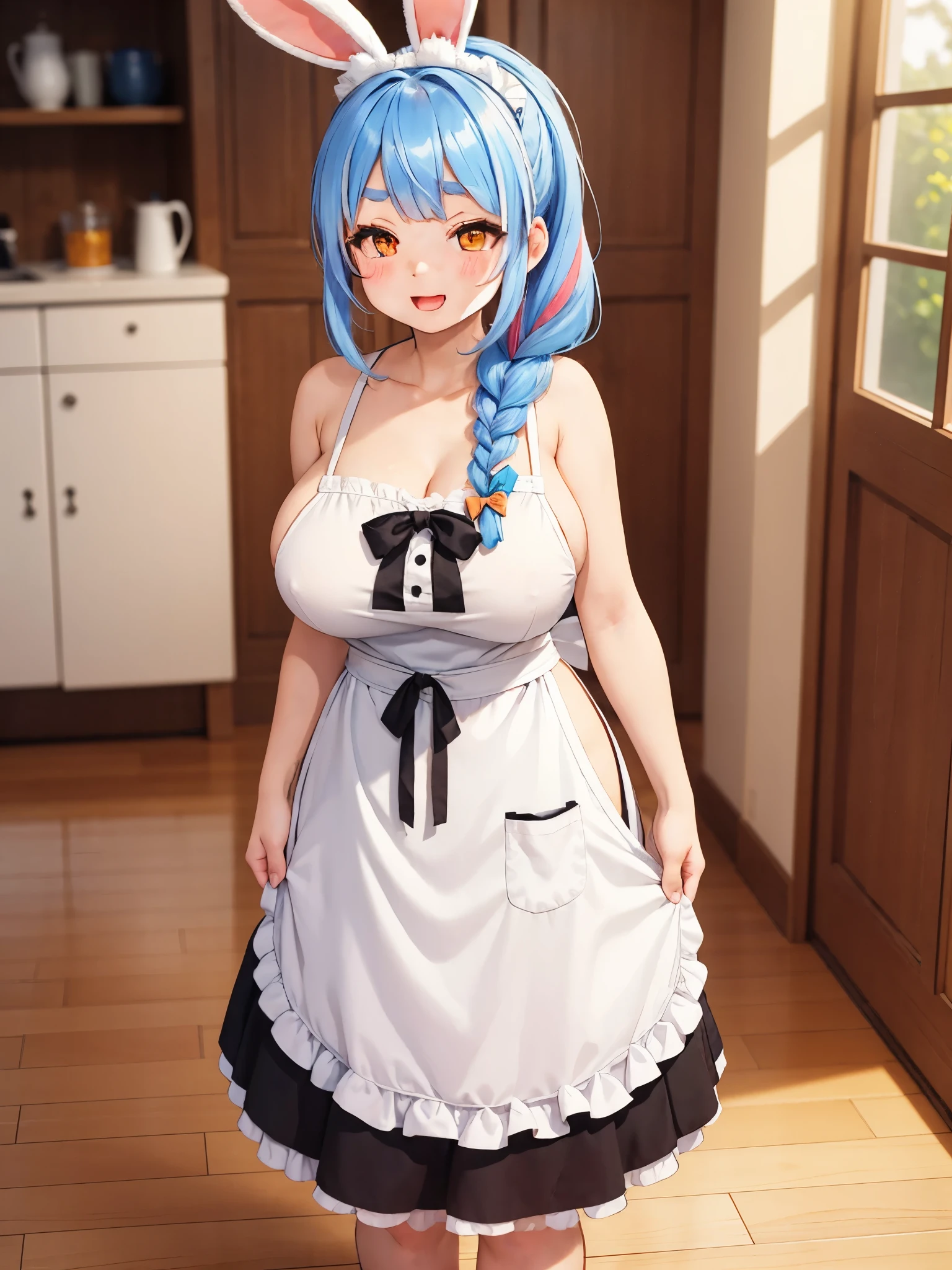 1girl,animal ear fluff,animal ears,apartment,apron,blue hair,blurry,blurry background,blush,bow,braid,braided ponytail,breasts,collarbone,feet out of frame,hair bow,hair over shoulder,half-closed eyes,huge breasts,long hair,looking at viewer,mature female,multicolored hair,naked apron,open door,open mouth,orange eyes,rabbit ears,rabbit girl,shade,short eyebrows,smile,solo,standing,streaked hai,sunlight,thick eyebrows,two-tone hair,virtual youtuber,white apron,white bow,white hair,wooden floor