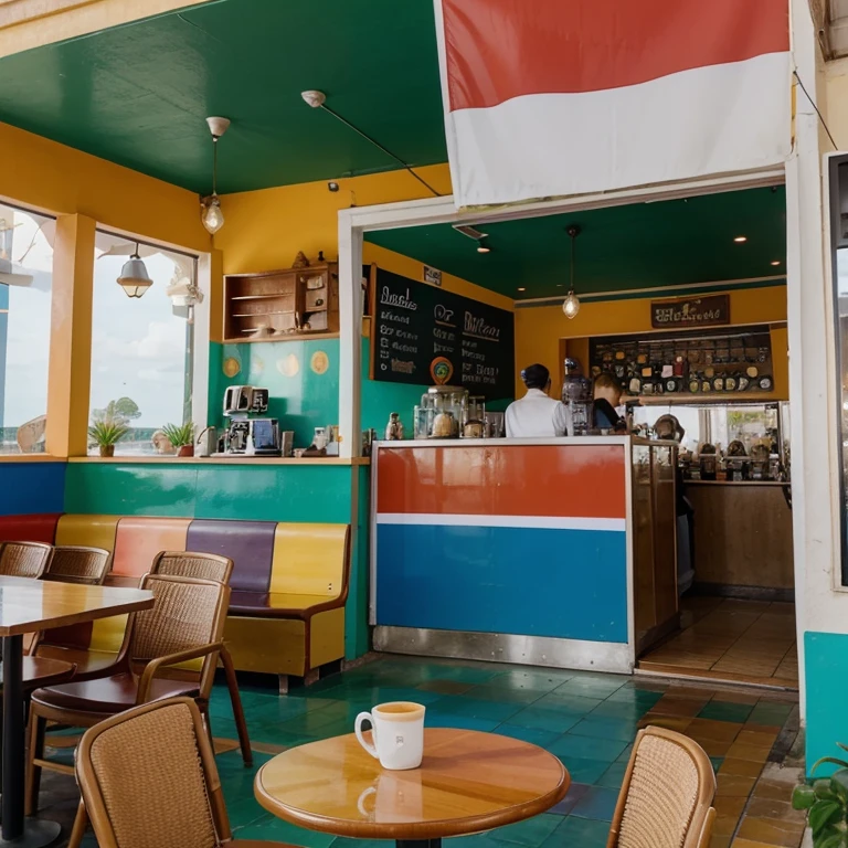 Cafe with many animated colors with tourism theme, travel-themed furniture with country flags and representations of some countries