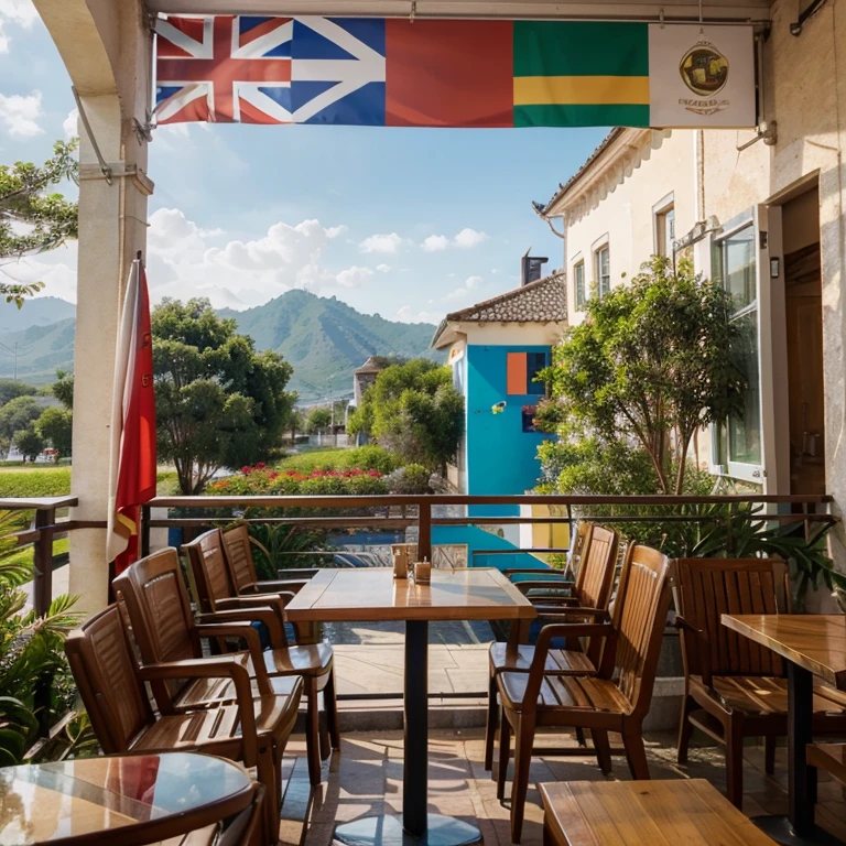 Cafe with many animated colors with tourism theme, travel-themed furniture with country flags and representations of some countries
