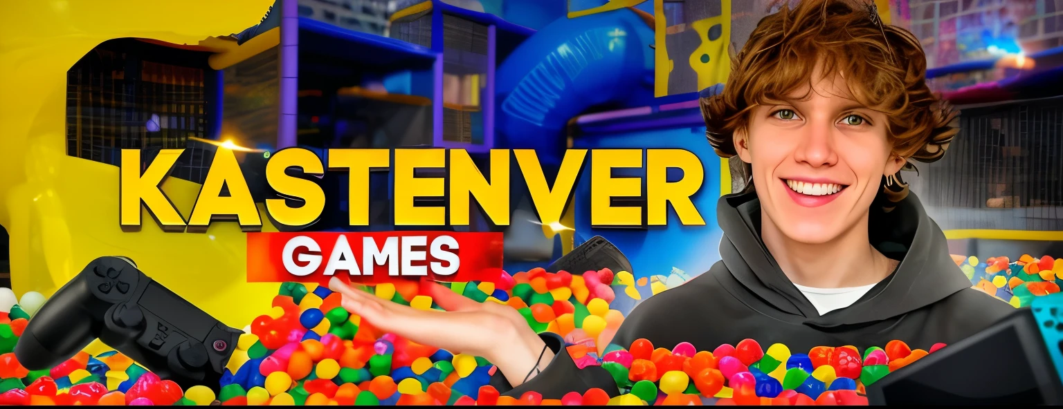 an entertainment room, text, a yellow slide in the background, lots of colorful balloons, a pool of balloons,glare.joyful emotions,game console,smile,pool of balls