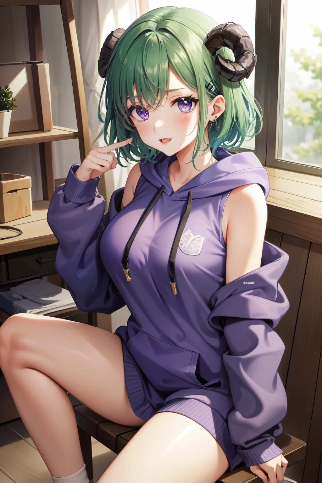 high quality、high resolution、green hair、purple eyes、sheep horn、big breasts、Tie it up、duck sitting、indoor、I'm playing a game、big hoodie、purple hoodie、The viewpoint is the viewer、front、plump lips、I can see my shoulders、big clothes、short hair、Favorite people、laughing、happiness