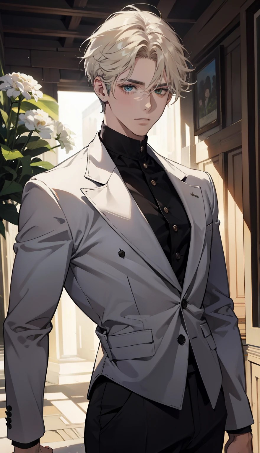 1 menino，Macho，pale young boy，plantar，flores，Baixo contraste de tela，Claridade alta，Cabelo castanho，olhos verdes，soft light illumination，foco suave，, Anime Seios grandes, Impressionism, film lighting, fechar-se, ultra high definition, obra de arte, Alto detalhe，Fone de ouvido
