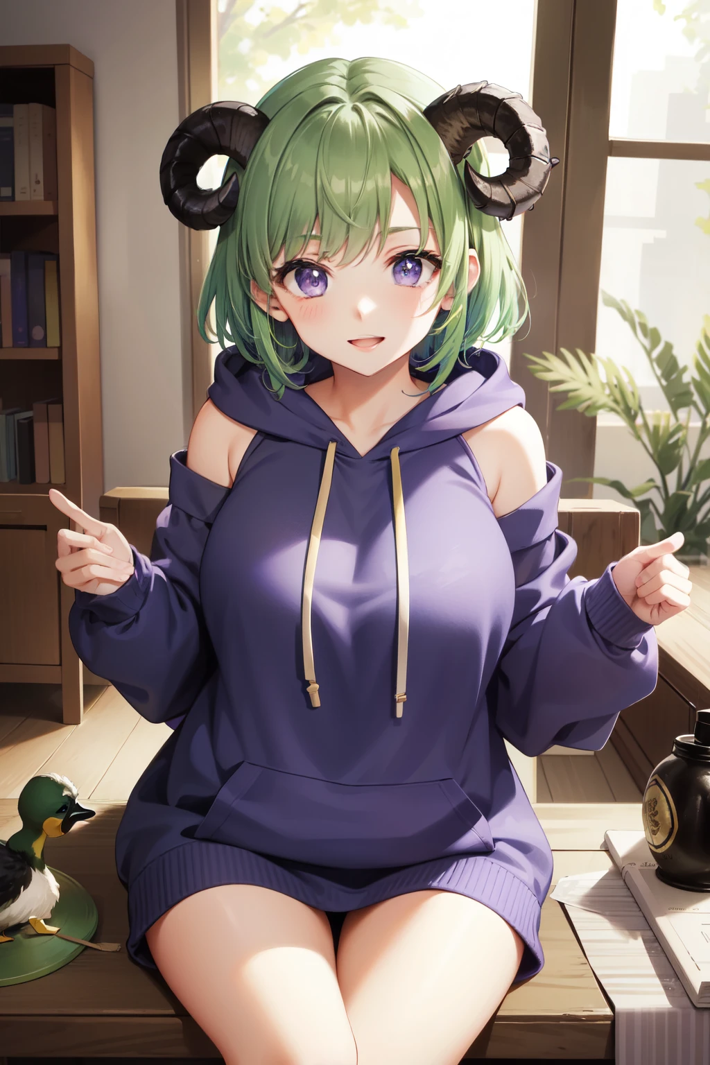 high quality、high resolution、green hair、purple eyes、sheep horn、big breasts、Tie it up、duck sitting、indoor、I'm playing a game、big hoodie、purple hoodie、The viewpoint is the viewer、front、plump lips、I can see my shoulders、big clothes、short hair、Favorite people、laughing、happiness