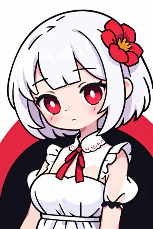 .1girl, solo, red_eyes, white_background, white_hair, looking_at_viewer, simple_background, short_hair, flower, bangs, upper_body, dress, hair_flower, closed_mouth, white_dress, albino, white_flower, see-through, hair_ornament, white_theme, frills, breasts, expressionless