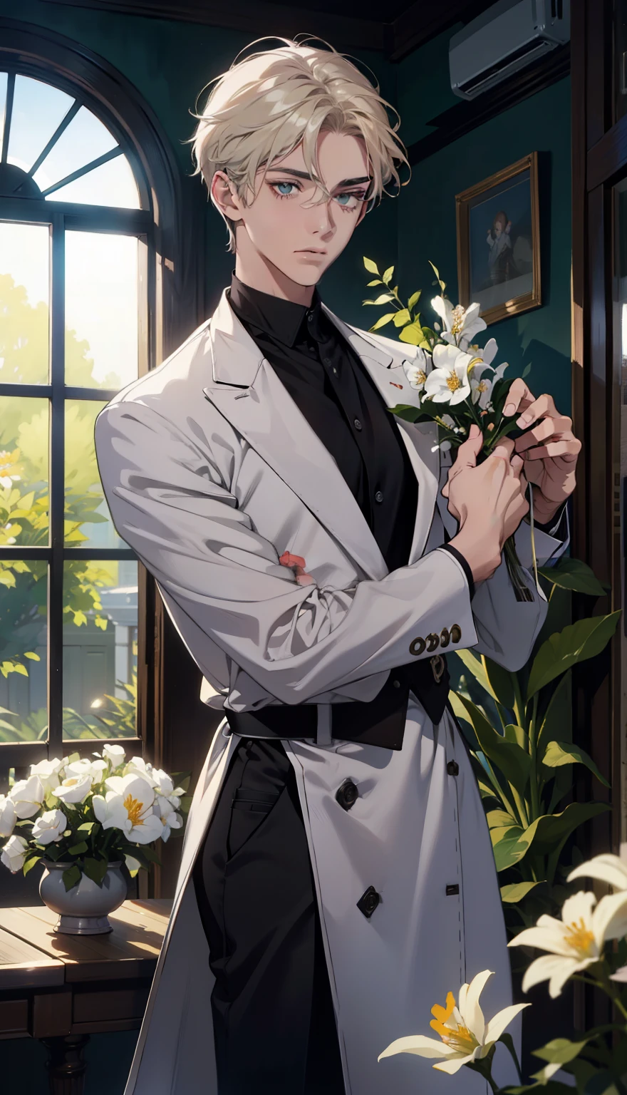 1 menino,Macho,pale young boy,plantar,flores,Baixo contraste de tela,Claridade alta,Cabelo castanho,olhos verdes,soft light illumination,foco suave,, Anime Seios grandes, Impressionism, film lighting, fechar-se, ultra high definition, obra de arte, Alto detalhe,Fone de ouvido