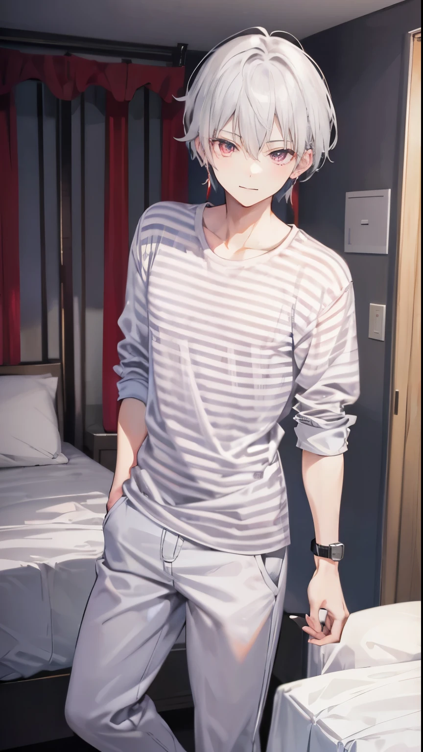 High resolution, 2D anime style,,cool men,red eyes,beautiful eyes,beautiful face,short hair,silver hair,Striped pajamas,I&#39;m wearing long pants,Beautiful watch,beautiful earrings,he is smiling a little.Standing in the bedroom.