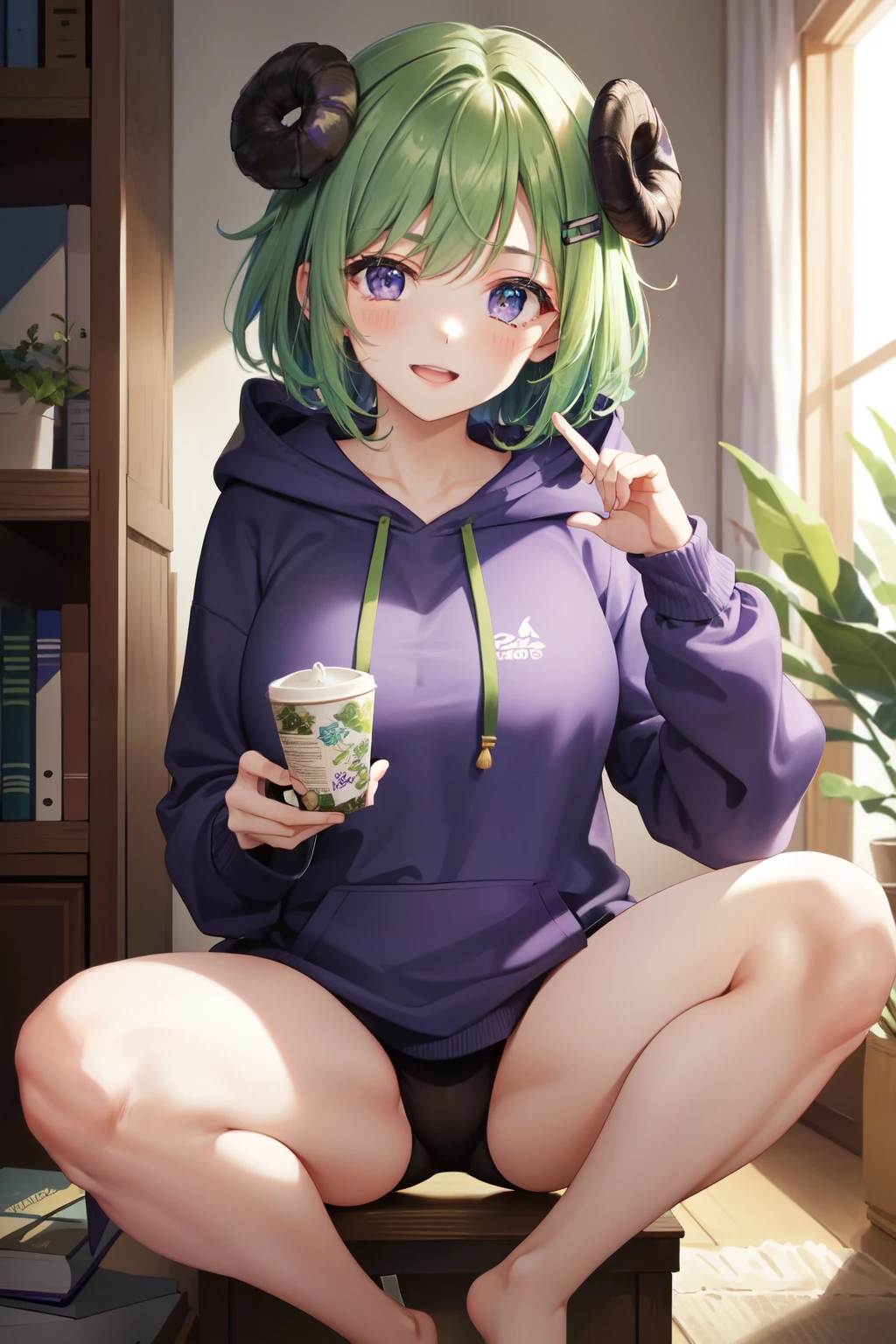 high quality、high resolution、green hair、purple eyes、sheep horn、big breasts、Tie it up、duck sitting、indoor、I'm playing a game、big hoodie、purple hoodie、The viewpoint is the viewer、front、plump lips、I can see my shoulders、big clothes、short hair、Favorite people、laughing、happiness