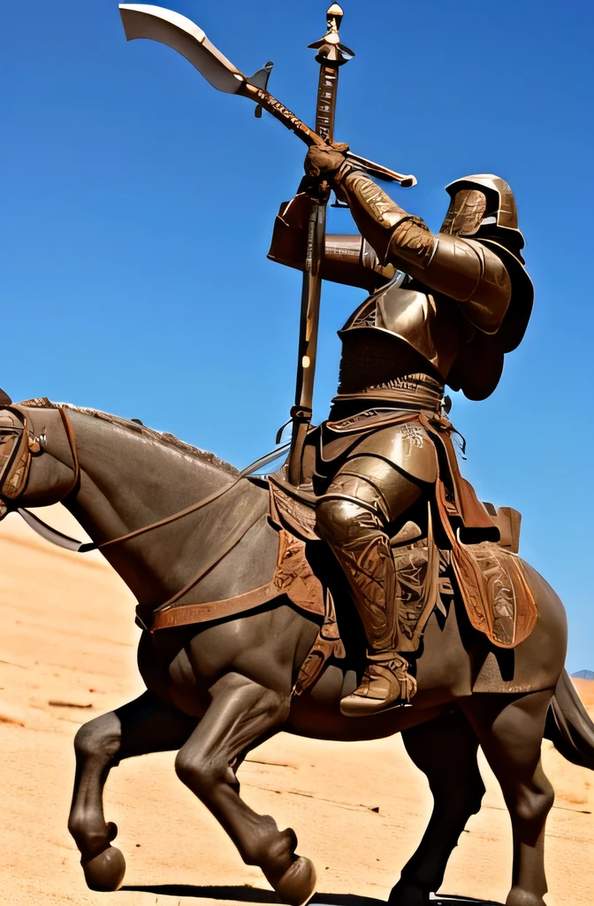 estatua de cavaleiro medieval gigante em um deserto segurando a espada.