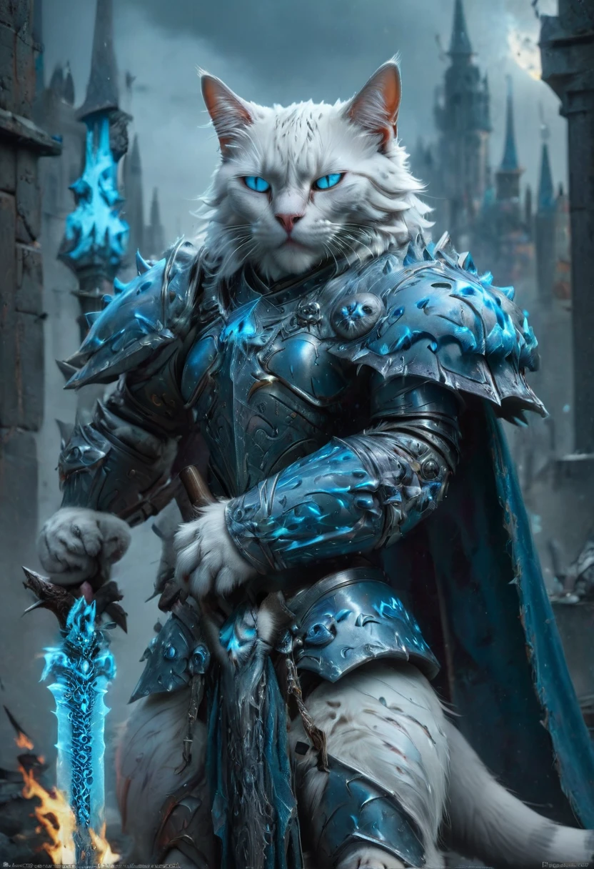 white cat deathknight with cyan glowing eyes, (anthropomorphic cat:1.4), engraved ornate heavy deathknight armor, gleaming steel, dramatic sky, dark sides, dark corners, ghostly flames, ominous, fearsome, ethereal, angry, dynamic pose, Movie Still, cover art, vertical symmetry, famous artwork by artgerm and guweiz, (masterpiece, best quality, perfect composition, very aesthetic, absurdres, ultra-detailed, intricate details, Professional, official art, Representative work:1.3)