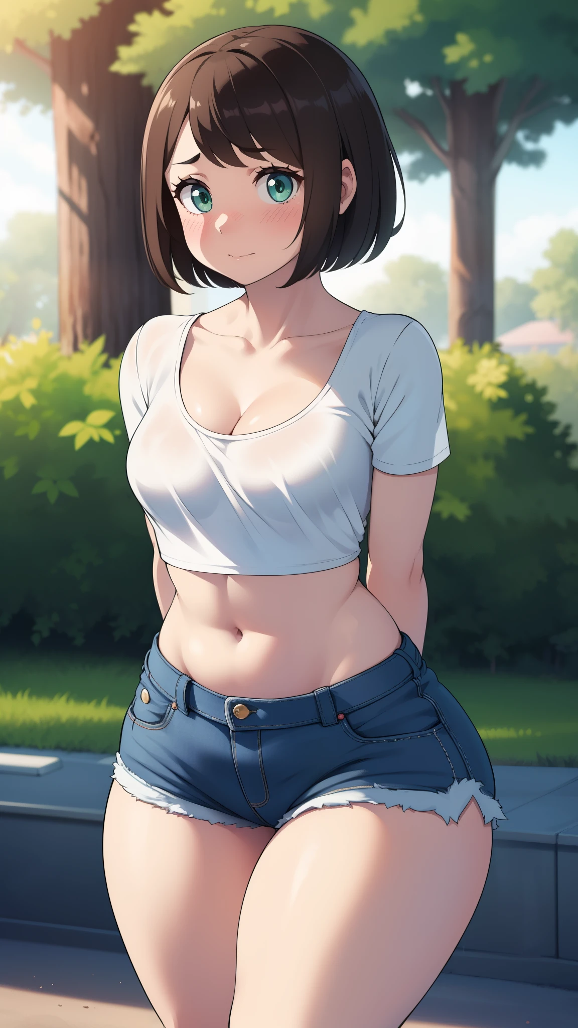 ((highres)), Masterpiece, high quality, best quality, beautiful, perfect lighting, detailed face, ultra cute face, cowboy shot, ((1girl)), ((solo)),

Short hair, fluffy hair, brown hair, green eyes, ((blush)), nervous, shy, looking at viewer, arms behind back, crop top, shorts, ((thick thighs)), (wide hips), bottom heavy, cleavage, (small breasts), 

20 year old female, standing in a park, (park), daytime,
