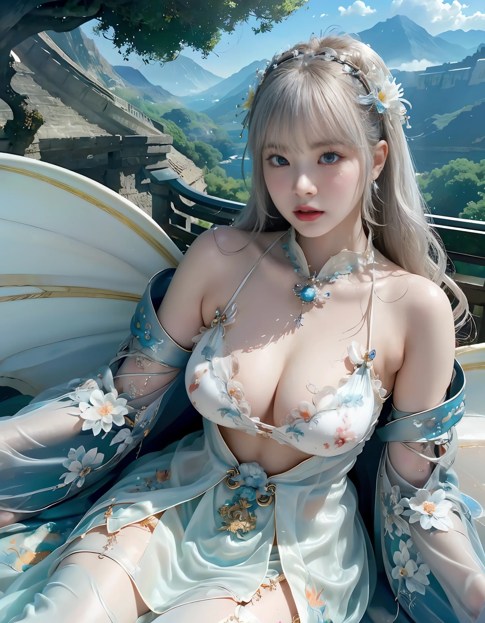 top-quality、​masterpiece、超A high resolution、(Photorealsitic:1.4)、Raw photo、1 girl、(((White Dragon Background))),（Armor with beautiful patterns in every detail）、(((heavy breasts))),glowy skin、(((Cliff background、Large mountain ranges、falls))))、(Random hair),(((Detailed Micro Bikini)))、(((Mystical expression))),(((glowy skin))),（Gorgeous blue rubber body）)、((She has a beautiful floral ornament on her head)),((The white wings of an angel grow)),(Background of decaying dungeon ruins)、（Ultimate Beauty）)、(Full Body Angle)、((super realistic details))、portlate),globalillumination、Shadow、octan render、8K、ultrasharp、Colossal 、Raw skin is exposed in cleavage、Details of complex ornaments、Japan details、highly intricate detail、Realistic light、(Mystical expression),CGSoation Trends、Blue eyes、radiant eyes、Facing the camera)、Toostock、Ultimate Beauty、Detailed sword）、(((dragon background))),Precipitous cliffs、Amazing heavy breasts、Put a big flower ornament on your head、