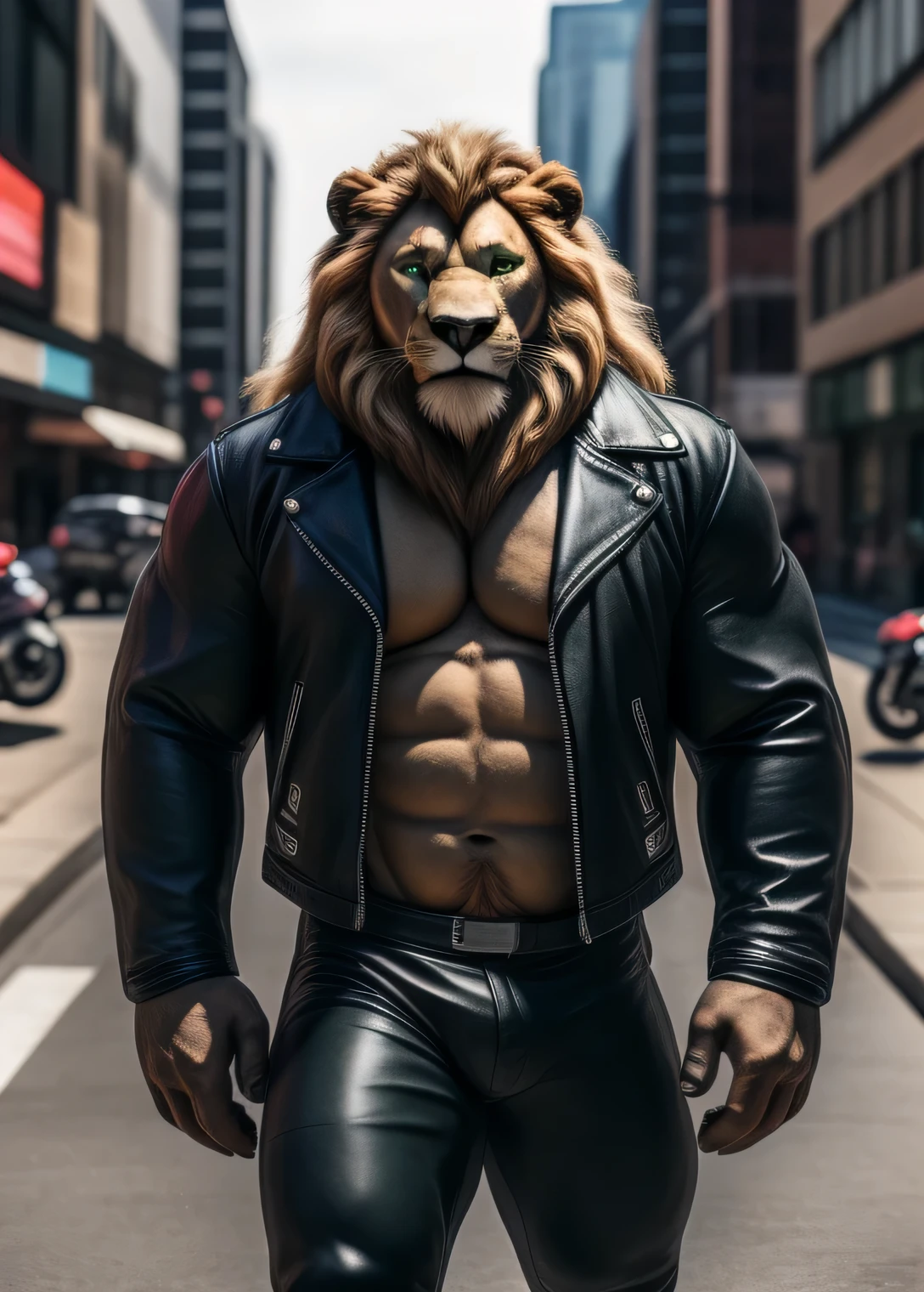 Lion, male, adult, long blond mane, brown beard along the jaw, green eyes, detailed eyes, detailed face, very muscular body, large pectorals, large biceps, broad shoulders, biker, biker clothing, open jacket, tight pants, on a motorcycle, in the background of the street, looking at the viewer (intricate, high detail, film photography, soft focus, RAW candid cinema, photorealism, realistic, photorealistic, analog style, subsurface scattering, masterpiece, best quality, ultra realistic, 8k)