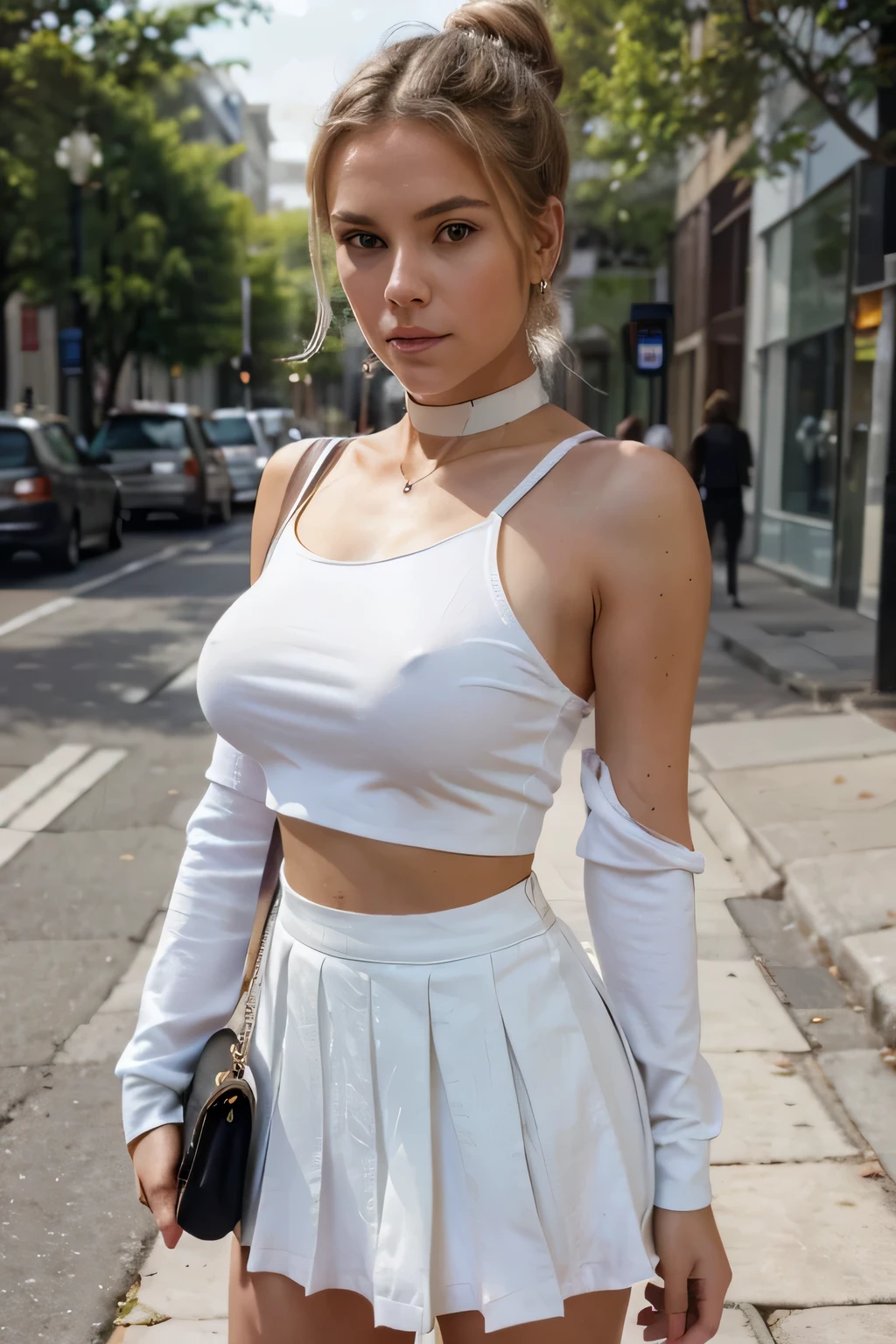 Create an image of a confident young danish blonde girl with a relaxed and trendy street style. She has her hair up in a casual half-bun with wispy strands framing her face. Her outfit includes a fitted long-sleeve, baby blue crop top with a decorative graphic in the center. Underneath she has a huge breast. She pairs this with a high-waisted white tennis skirt that has crisp pleats. Accessorizing her look, she wears a layered choker necklace and has a small white shoulder bag with a slim strap over one shoulder. Her stance is casual yet poised, with one hand adjusting the strap of her bag and the other lightly resting on her skirt, capturing a moment of effortless style on a sunny day in an urban setting. Focus on a huge breast with stiff nibbles. Full body view.