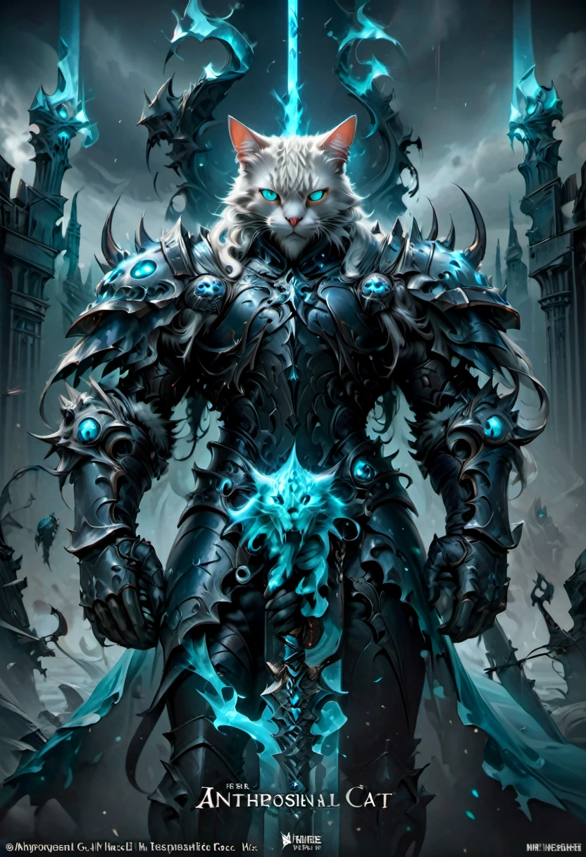 cat deathknight with cyan glowing eyes, (anthropomorphic cat:1.4), engraved ornate heavy deathknight armor, gleaming steel, dramatic sky, dark sides, dark corners, ghostly flames, ominous, fearsome, ethereal, angry, dynamic pose, Movie Still, cover art, vertical symmetry, famous artwork by artgerm and guweiz, (masterpiece, best quality, perfect composition, very aesthetic, absurdres, ultra-detailed, intricate details, Professional, official art, Representative work:1.3)