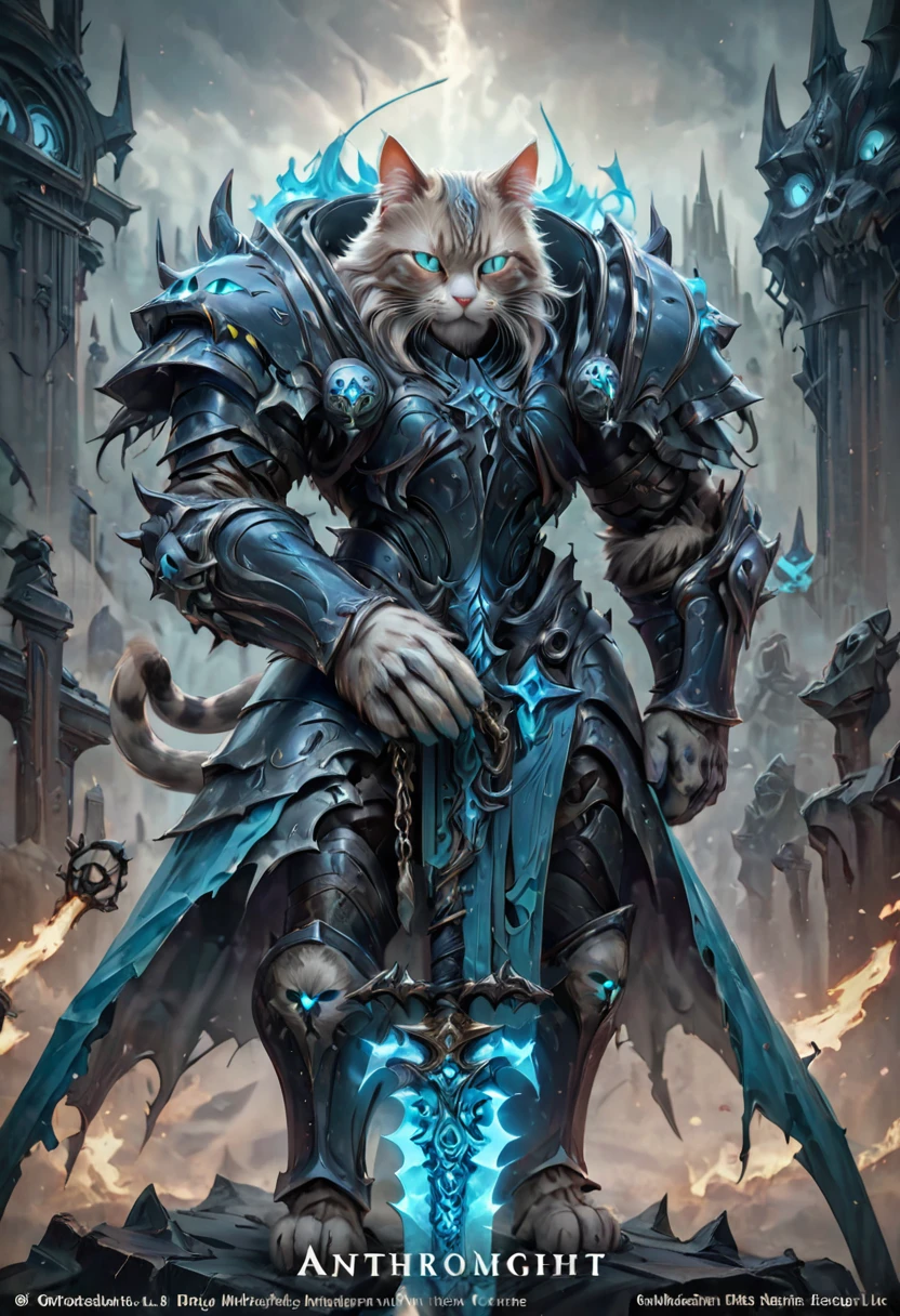 cat deathknight with cyan glowing eyes, (anthropomorphic cat:1.4), engraved ornate heavy deathknight armor, gleaming steel, dramatic sky, dark sides, dark corners, ghostly flames, ominous, fearsome, ethereal, angry, dynamic pose, Movie Still, cover art, vertical symmetry, famous artwork by artgerm and guweiz, (masterpiece, best quality, perfect composition, very aesthetic, absurdres, ultra-detailed, intricate details, Professional, official art, Representative work:1.3)