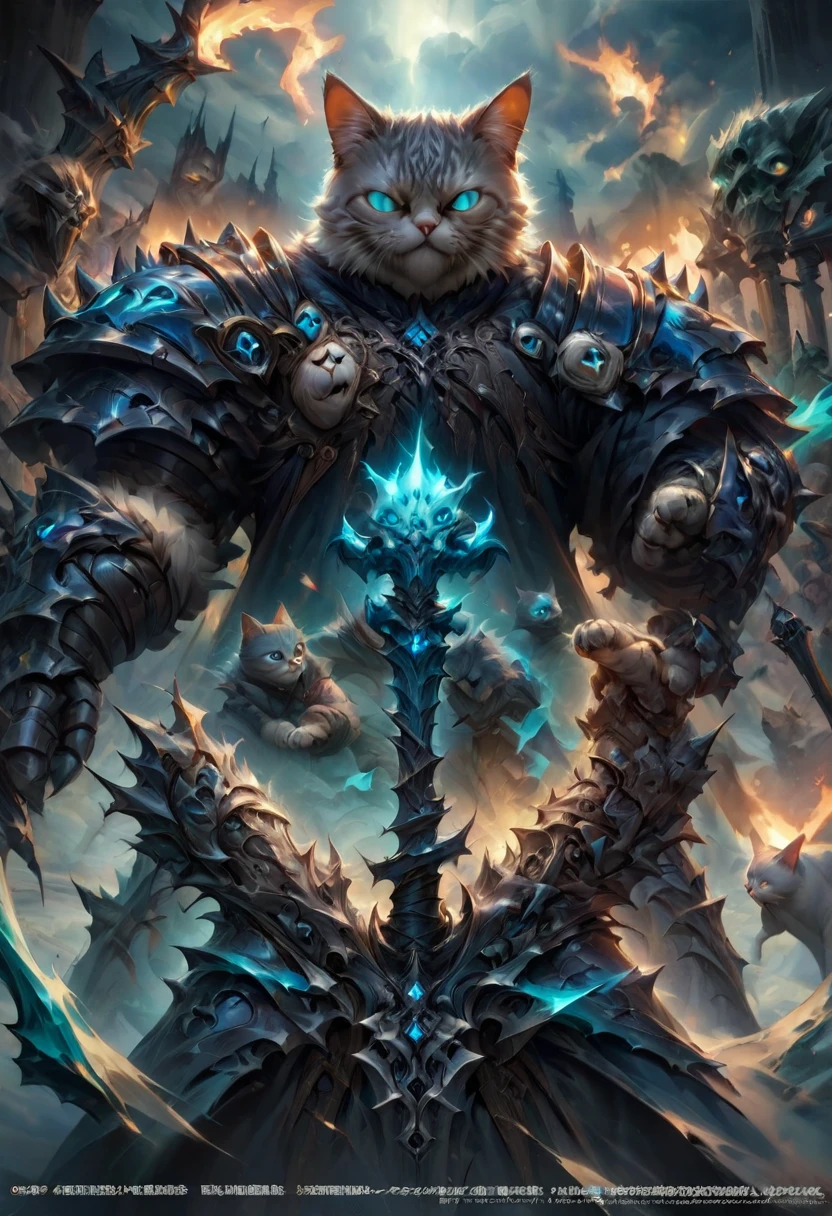 cat deathknight with cyan glowing eyes, (anthropomorphic cat:1.4), engraved ornate heavy deathknight armor, gleaming steel, dramatic sky, dark sides, dark corners, ghostly flames, ominous, fearsome, ethereal, angry, dynamic pose, Movie Still, cover art, vertical symmetry, famous artwork by artgerm and guweiz, (masterpiece, best quality, perfect composition, very aesthetic, absurdres, ultra-detailed, intricate details, Professional, official art, Representative work:1.3)