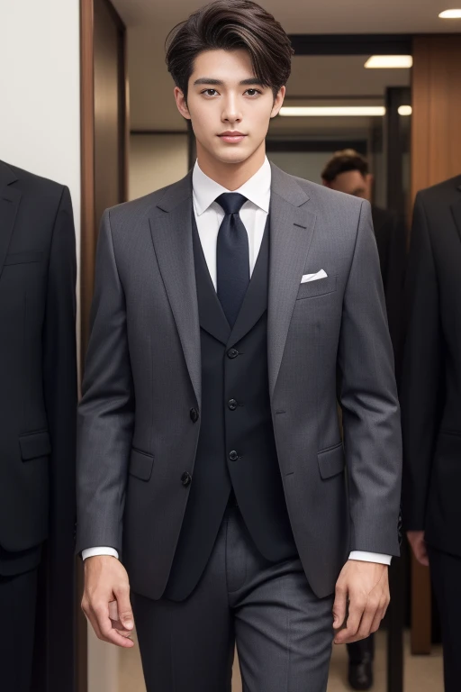 dark brown suit、 20-year-old fresh and handsome new employee、 (Super handsome S-class suit guy)、 Japanese 20-year-old boy、 merchant、 Ultra-luxury set、 office、 Stand up in a suitSyoung handsome man、 Full body image、 (CG Unity 8K high-detail photos)、 (a very detailedSThe handsome guy in the class)、 (Photos are real)、 ((top quality))、 Super detailed、 (Masterpiece)、 Ultra high quality、 High、 audience、 gentleman、 very beautiful hair、 short hair、 bright photos、 As handsome as a model、 As handsome as an idol、 Luxury watches、 cool zone、 Japanese