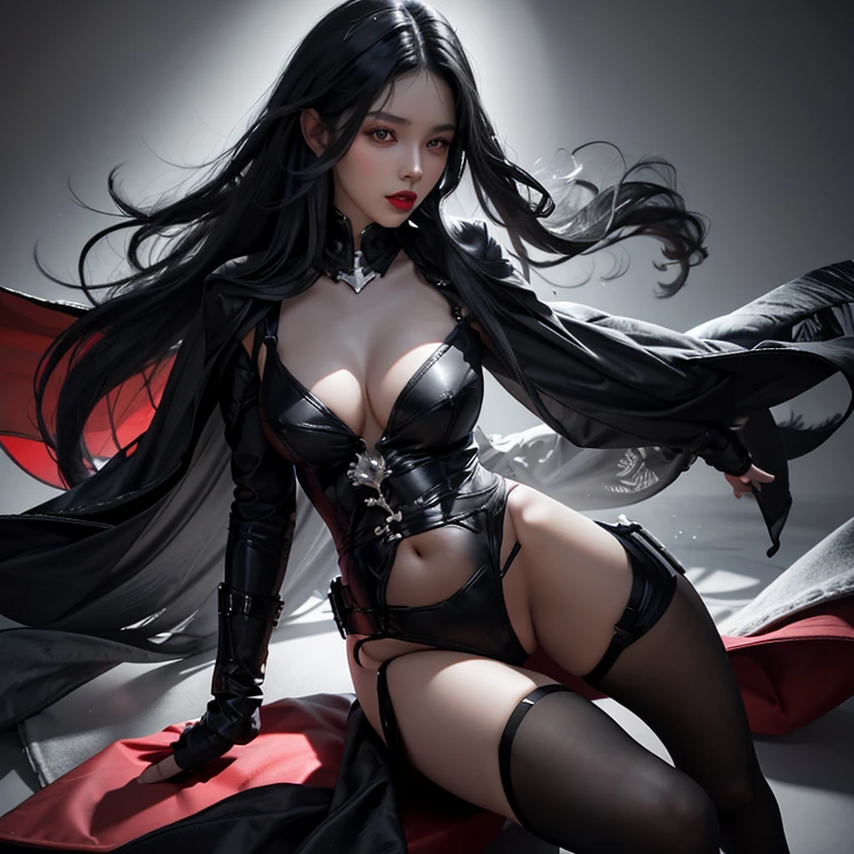 Beautiful girl, black long hair, beautiful red lips, full body view, realistic face details, realistic body shiny, big breasts, hot tight body, sexy pose
