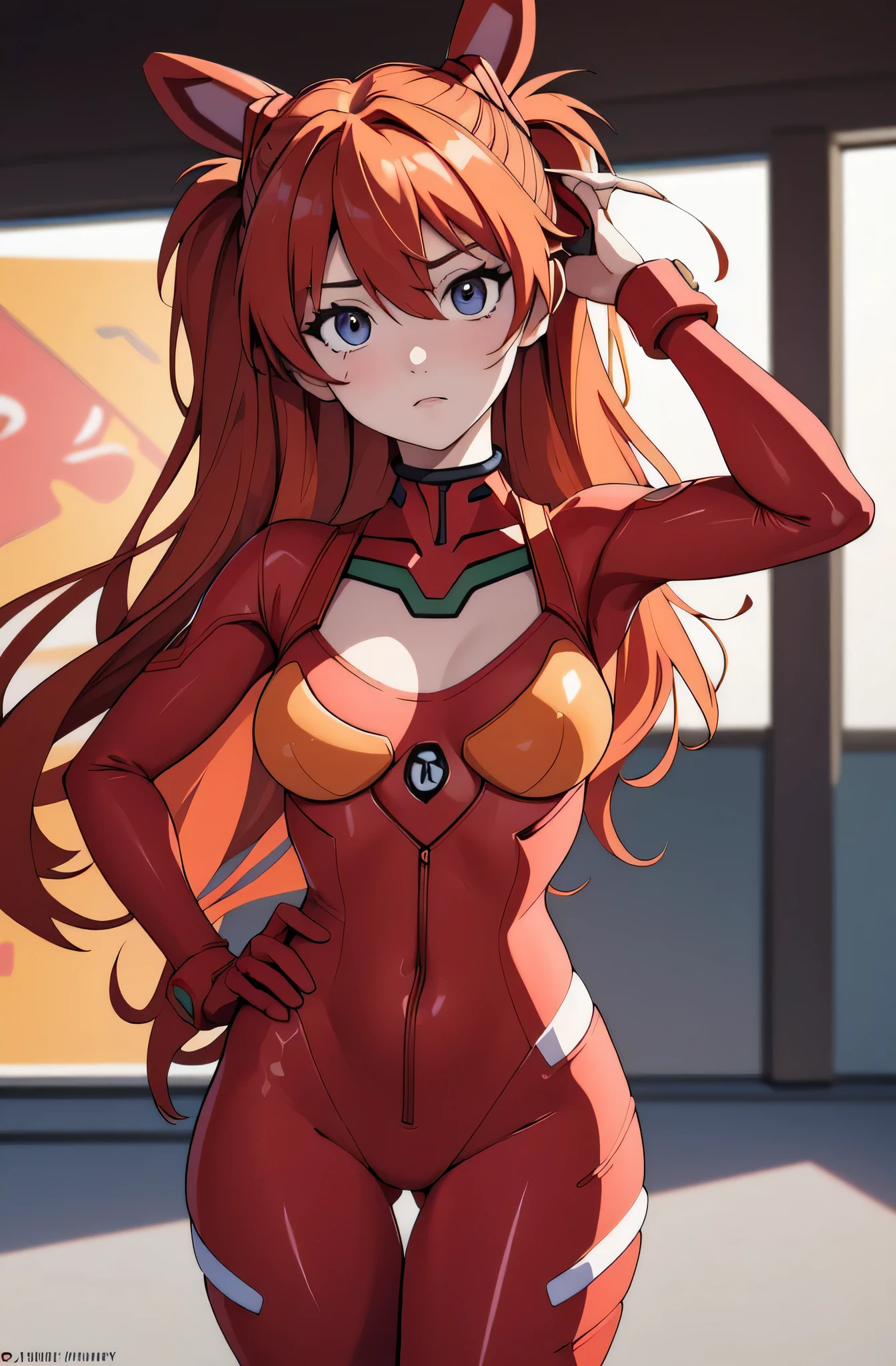 (masterpiece, best quality), 1girl, beautiful face, beautiful body, souryuu_asuka_langley, interface headset, red bunny suit, hair between eyes,