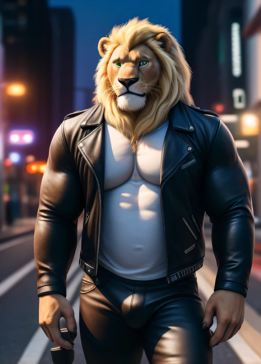 (best quality,4k,highres,masterpiece:1.2), ultra-detailed, realistic:1.37, HDR, studio lighting, extreme detail description, professional, vivid colors, bokeh, lion, male, blond mane, brown beard along the jaw, green eyes, very muscular body, pecs, biceps, broad shoulders, biker clothing, open jacket, tight pants, on motorcycle, street, looking at the viewer.