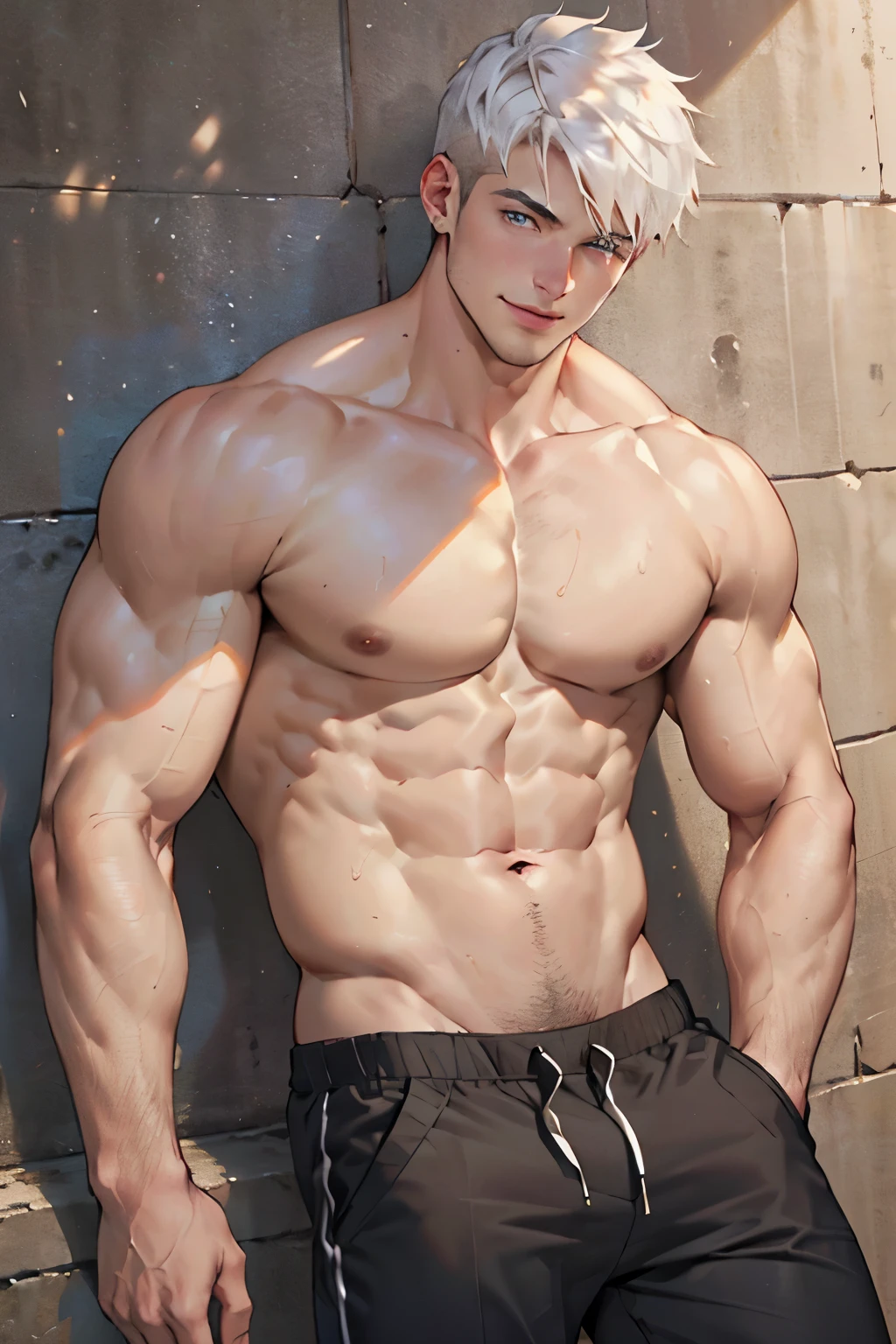 ((the best quality)), ((Masterpiece)), (details), perfect face, high definition, Masterpiece,4k,details clearly, Handsome face, white skin, perfect body, male body, strong muscles, abdomen, blue eyes, white skin, The most handsome man in the world, handsome, The coolest face, Male characters, close image (1man, shirtless), young man, mischievous smile, Extremely muscular tall man, open your eyes ((detailed eyes)), huge, muscular body and Massive, bulging pecs, muscular abs, narrow waist, short hair, blue eyes, delicate big eyes, carefree expression, clear face, handsome (detailed face, perfect face) ((extremely realistic shadows, bodybuilding posture, human, ((22-year-old young man)), V shape, athletic pants, athletic, Shirtless, Sunlight, Street wall, lower pants, topless, close up look, CG sense, Textured skin, the best quality, Storytelling images, lower your pants, show Panty line, white hair, Best short, unbutton