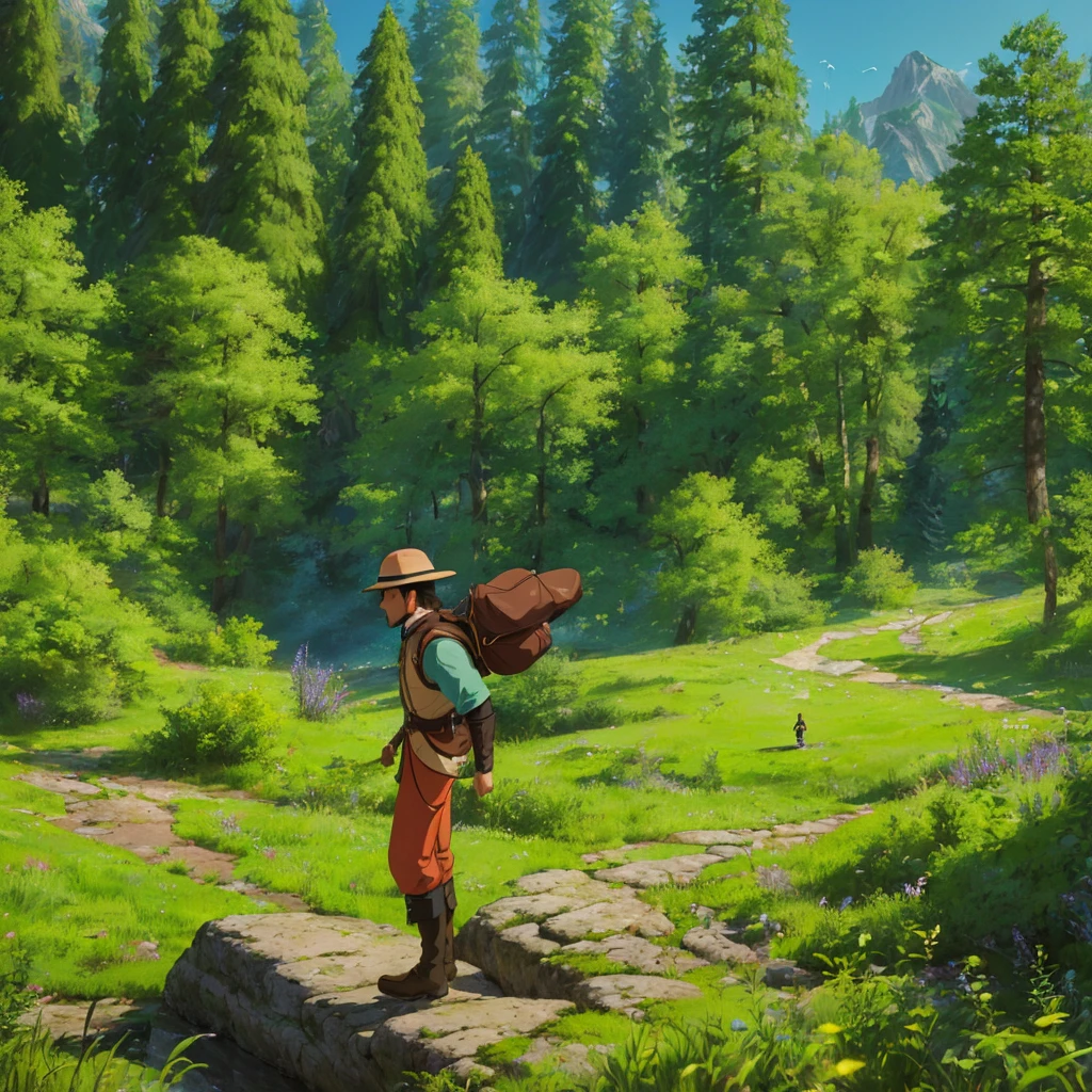 (High quality, 4K, HDR) 1 boy, adventurer, hat, trail clothes, brave adventurer, beautiful colors in the sky, birds in the background, animal, harmonious forest on a large scale, pants. (masterpiece, ultra realistic professional lighting, ultra thin 8K, fine texture of detailed background, sharp face with perfect strokes.
