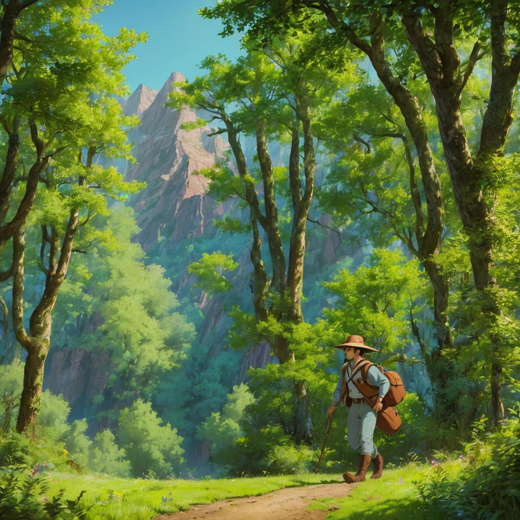 (High quality, 4K, HDR) 1 boy, adventurer, hat, trail clothes, brave adventurer, beautiful colors in the sky, birds in the background, animal, harmonious forest on a large scale, pants. (masterpiece, ultra realistic professional lighting, ultra thin 8K, fine texture of detailed background, sharp face with perfect strokes.