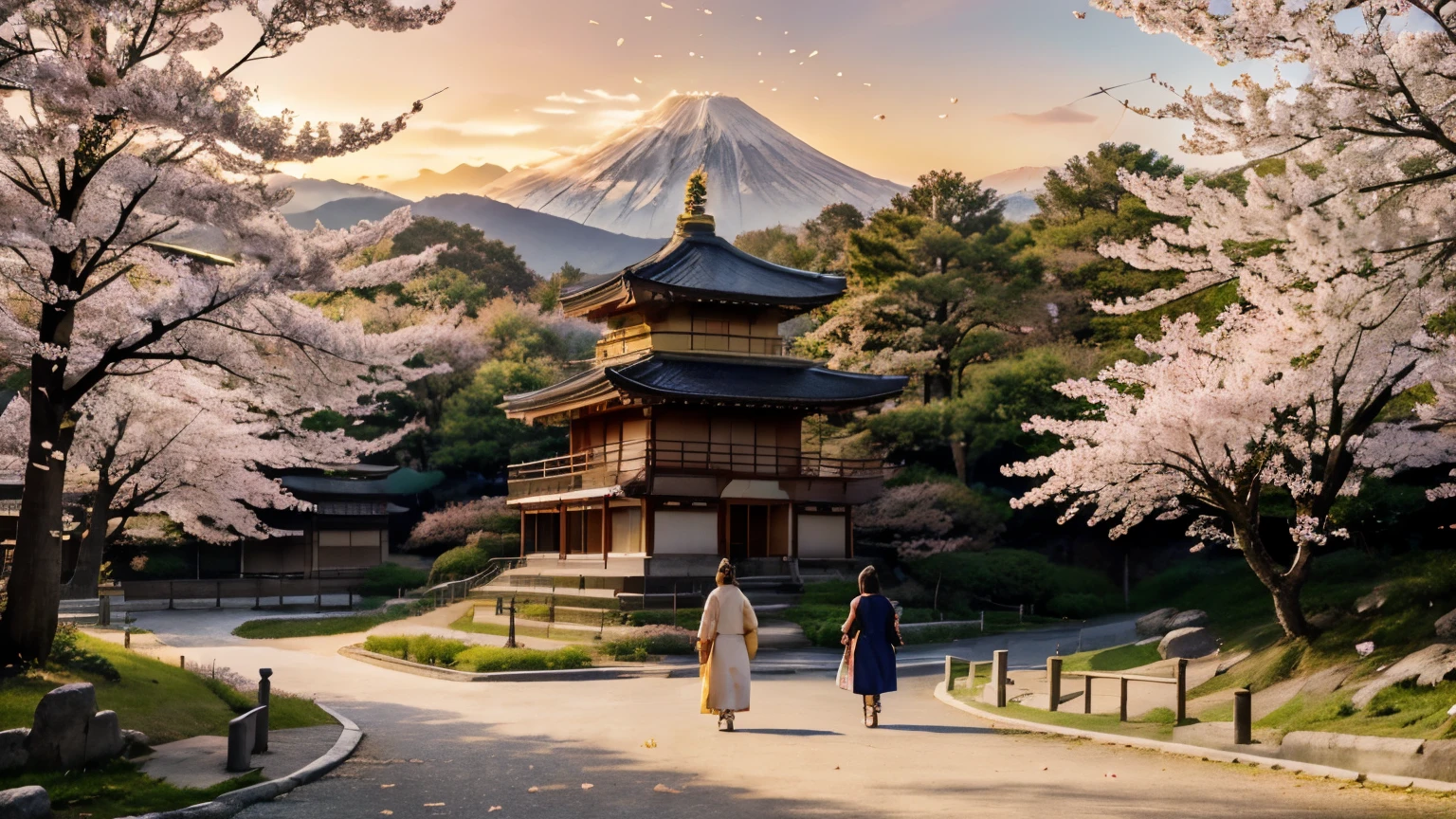 Beautiful sunrise Japanese scenery with Temple of Golden Pavilion, (((sunrise))), golden light, Mount Fuji in background, cherry blossom trees and flowers, people walking around in traditional attire, petals falling from tree, ((golden light)), photorealistic, 8k render, mood lighting, cinematic, scenic picture, cherry blossom trees, cherry blossom flowers blooming