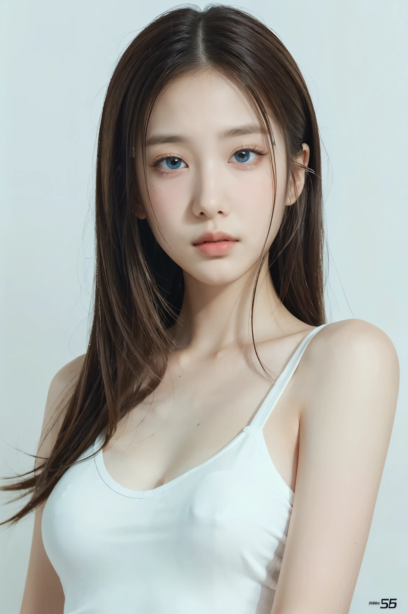 1girl, long hair, White top, (white background:1.2), from front, standing, (soft lighting:1.2), shot on Canon EOS 5D, BREAK
(upper body:1.2), , best quality, ultra high res, (photorealistic:1.4), masterpiece, real-life skin, hyper real, perspective, detailed beautiful eyes and detailed face,   