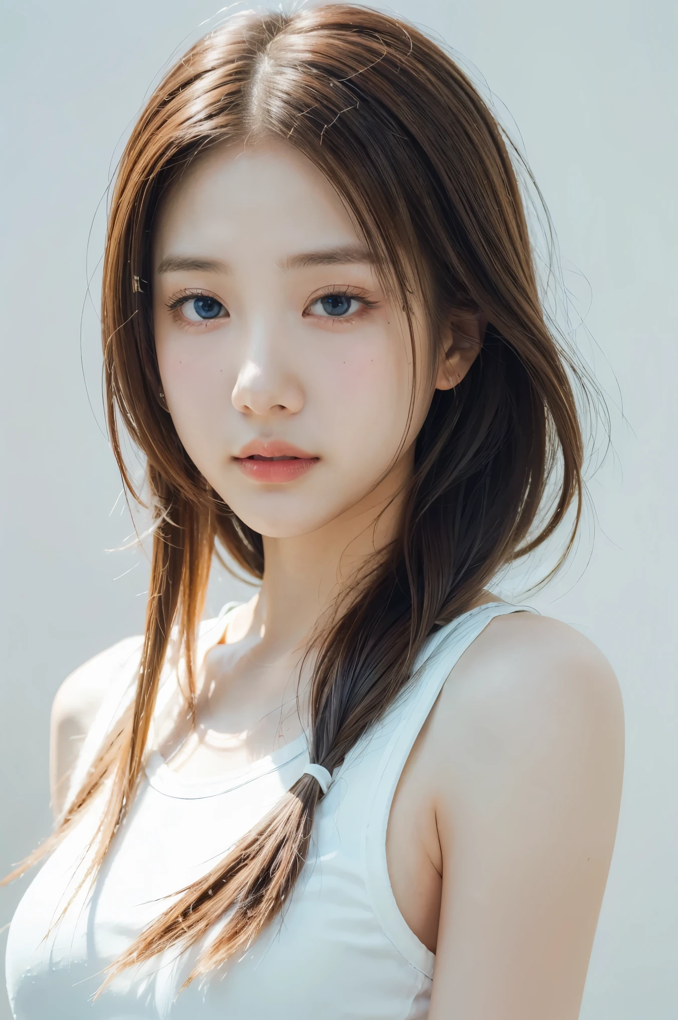 RAW, sharp focus, delicate, beautiful composition, best quality, (realistic), high quality, ultra detailed, (Real picture), (realistic skin), (intricate details), (latex skin:0.4), (detailed skin:1.3), (perfect glossy shiny skins:0.6), (beautiful eyes), round eyes, pretty face, Blushing face, glossy lips, high nose bridge, [:(detailed face:1.2):0.2], shiny eyes, (PureErosFace_V1:0.1), (ulzzang-6500:0.1), (a beautiful 20 age years old cute Korean girl:1.3), instagram, (kpop idol, korean mixed), a face of perfect proportion, (high nose:0.7), realistic humid skin, red lips, Crimson (UA), (happy face:1.2), 8k uhd, dslr, high quality, film grain, photorealistic, (studio), (portrait from waist up:1.2), (pale blue simple background:1.5),(shut lips:1.3),(iu1:1.1), (hair in a bun:1.3), (big tits:1.12), (tight black sleeveless knit sweater:1.2)