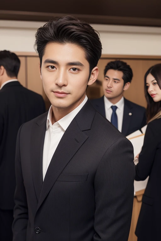 dark brown suit、 30-year-old handsome employee、 (Super handsome S-class suit guy)、 Japanese 30-year-old man、 merchant、 Ultra-luxury set、 office、 Stand up in a suitSyoung handsome man、 Full body image、 (CG Unity 8K high-detail photos)、 (a very detailedSThe handsome guy in the class)、 (Photos are real)、 ((top quality))、 Super detailed、 (Masterpiece)、 Ultra high quality、 High、 audience、 gentleman、 very beautiful hair、 short hair、 bright photos、 As handsome as a model、 As handsome as an idol、 Luxury watches、 cool zone、 Japanese