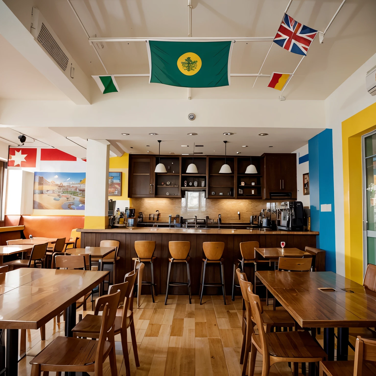 Cafe with many animated colors with tourism theme, travel-themed furniture with country flags and representations of some countries