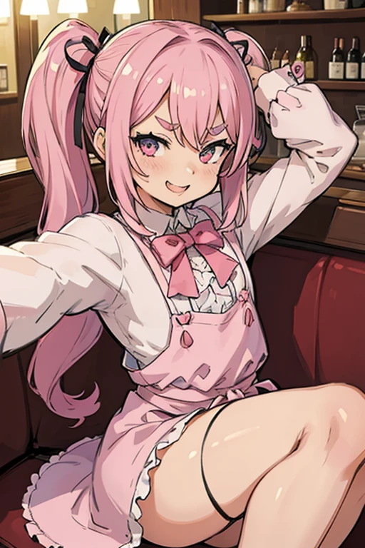 Girl with pink hair, long double-tailed hairstyle, ((small pink bushy eyebrows)), wearing lolita clothing, , lolicon (Zankuro) drawing style by zankuro artist, Zancro style, image uploaded to R34, flirty smile, take a selfie, close-up, showing one  outside the shirt, face very close to the camera,  and drool) happy face wavy smile , showing , in restaurant