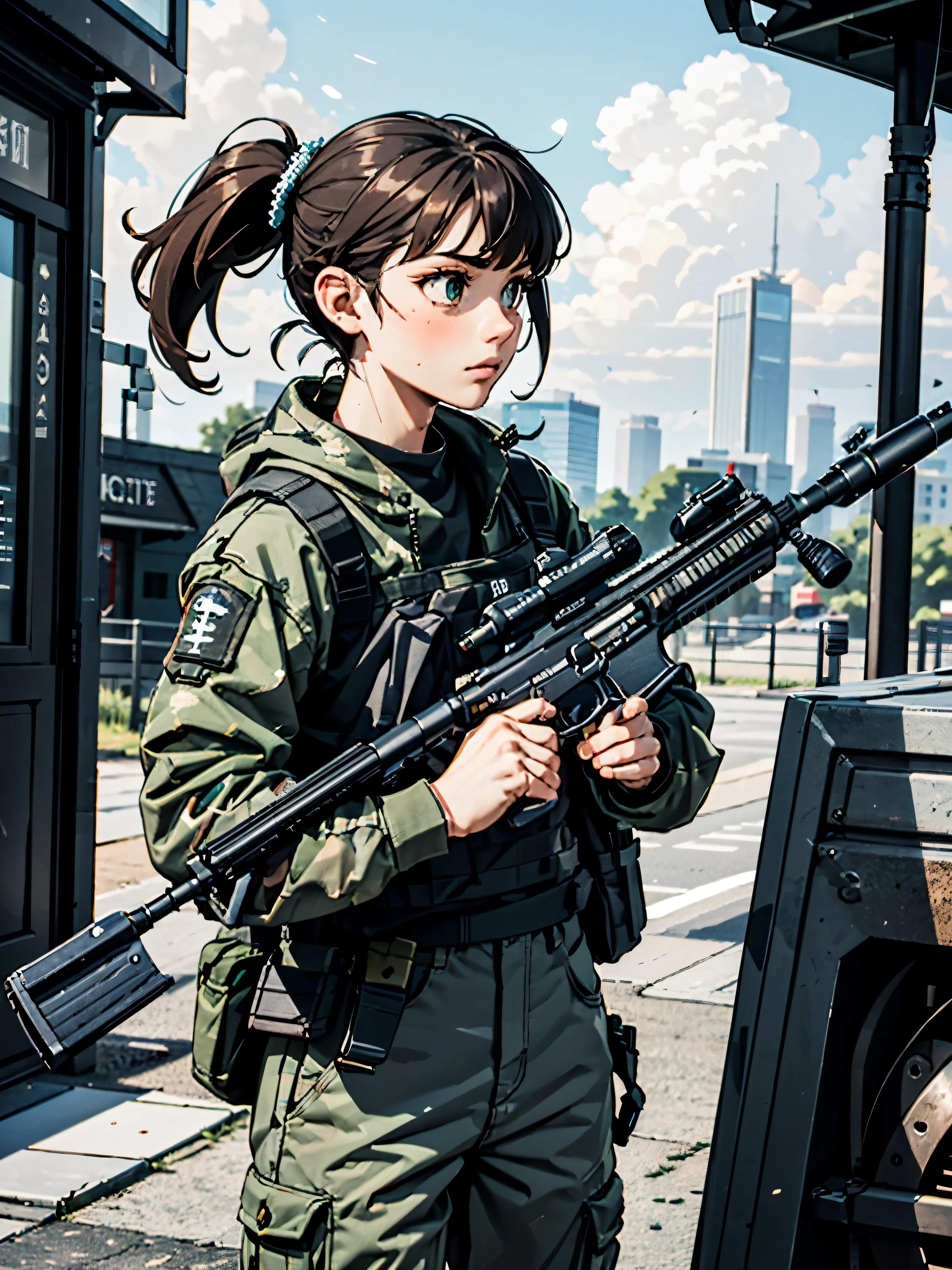 (((pixel-perfect, detail-perfect))), lens flare, depth of field, (close-up:1.3), (wide shot, fisheye:0.85), facefocus, 1girl, standing, taller body, perfect proportions, medium brown hair, green eyes, serious, high school girl, pants, (using weapon, assault rifle, aiming, aim:1.2), gun, h&k hk416, carbine, open fire, firing, sunny, blue sky, cloudy sky, city, street, ((only five fingers))