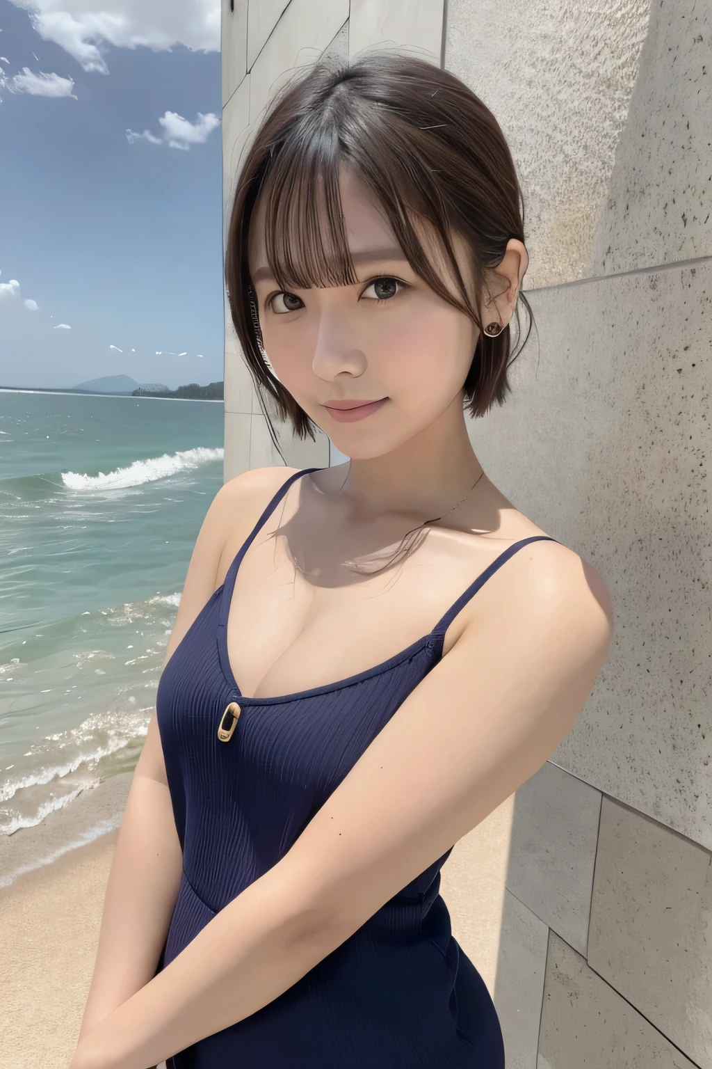 1 girl, beautiful, cute, professional lighting, highest quality,well-groomed face,(Mini dress:1.5), beautiful,short hair,Bewitching. beach